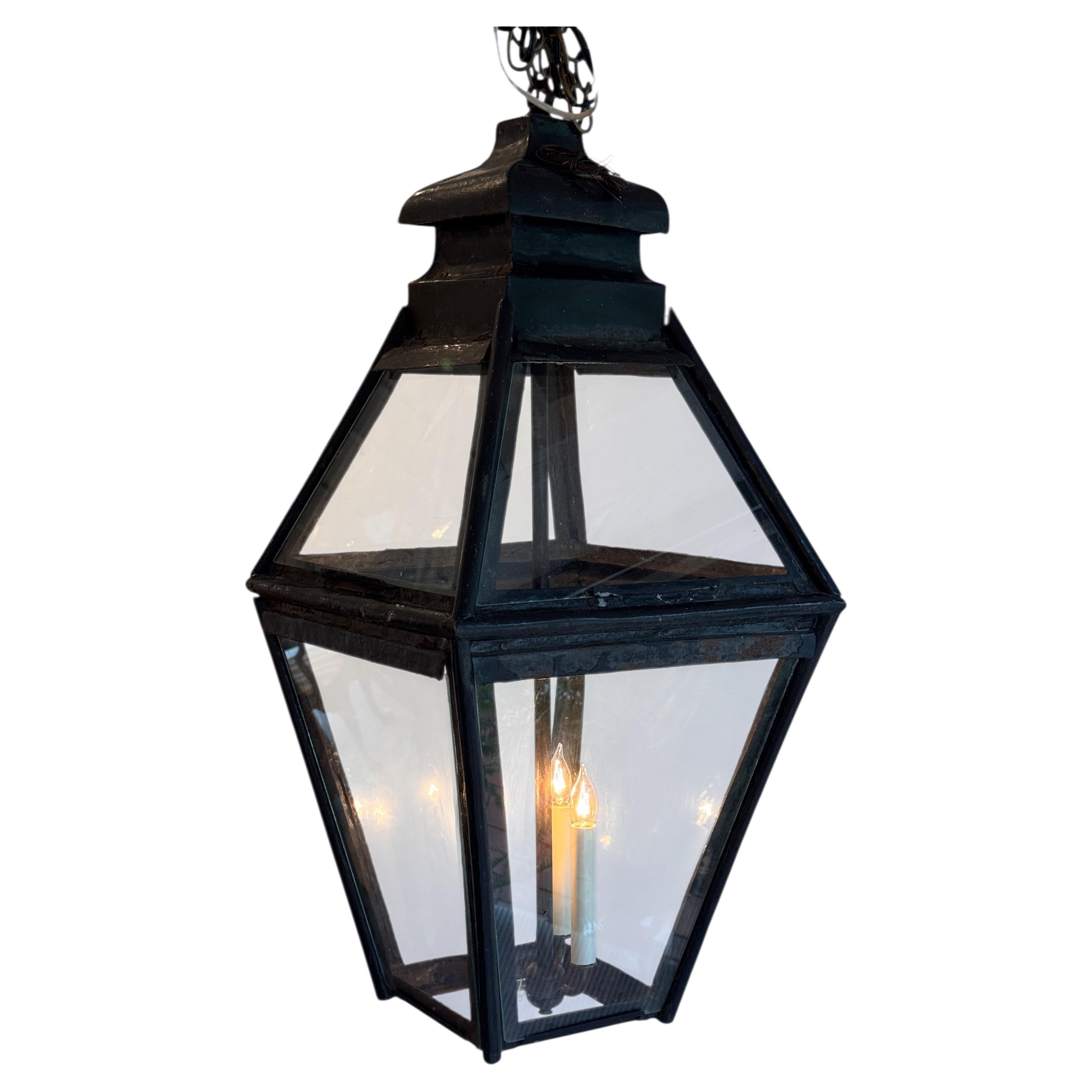 Large Black Tapered Lantern With Clear Glass Panels For Sale