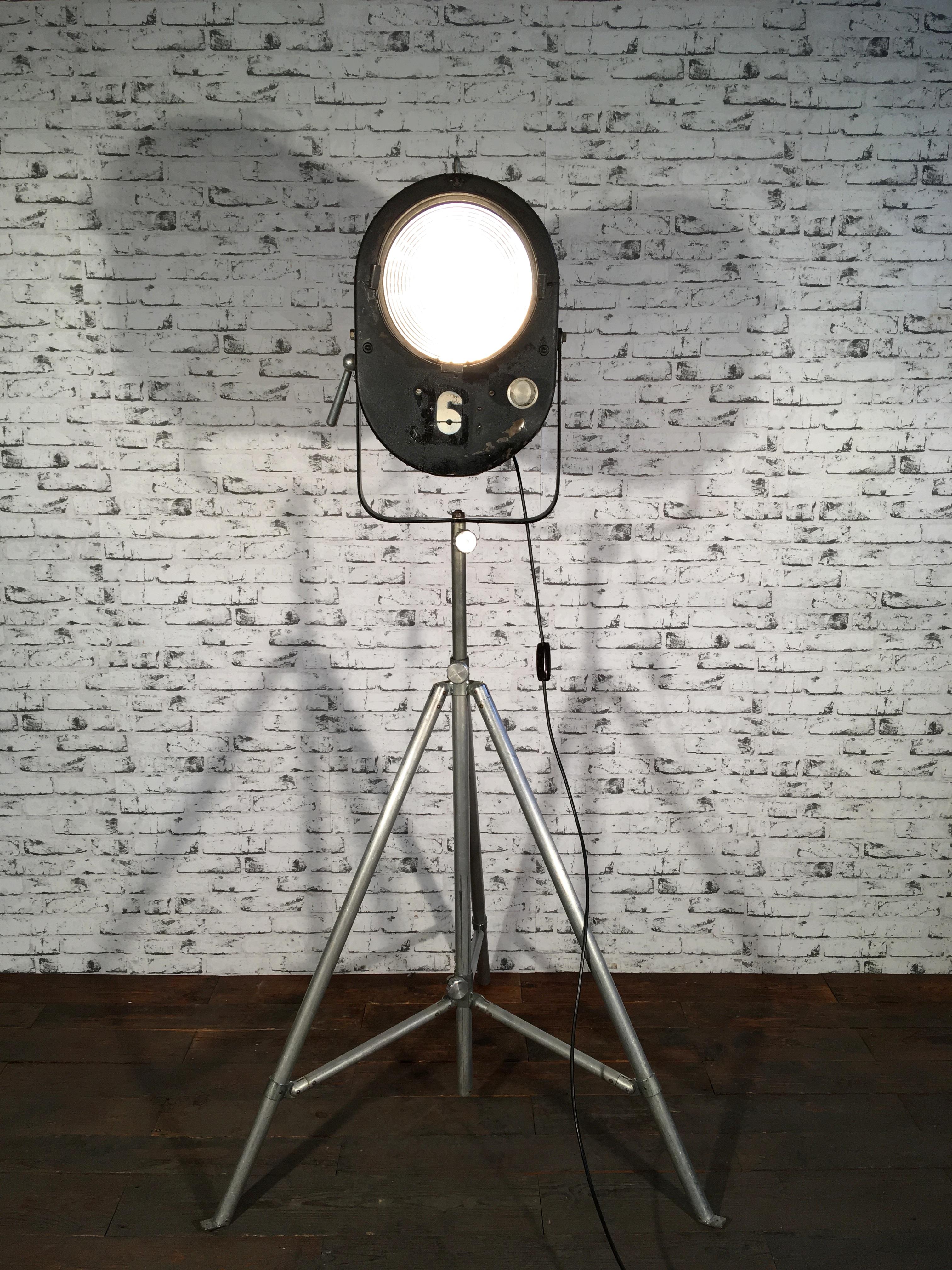 Large Black Theater Spotlight on Tripod, 1950s 5