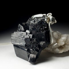 Large Black Tourmaline Silver Pendant Raw Gem Black Natural Crystal Magic gift