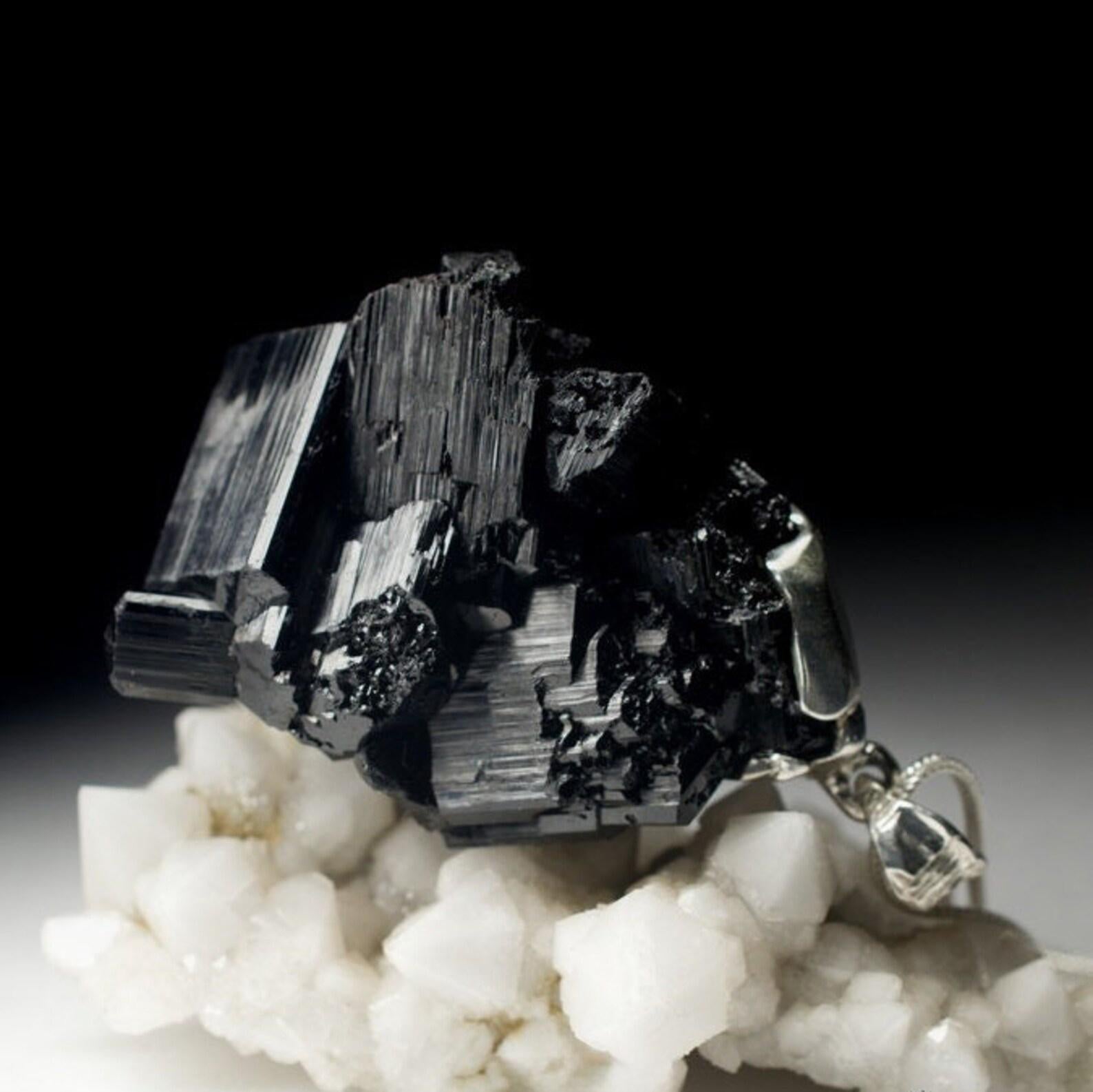 Artisan Large Black Tourmaline Silver Pendant Raw Gem Black Natural Crystal Magic gift For Sale
