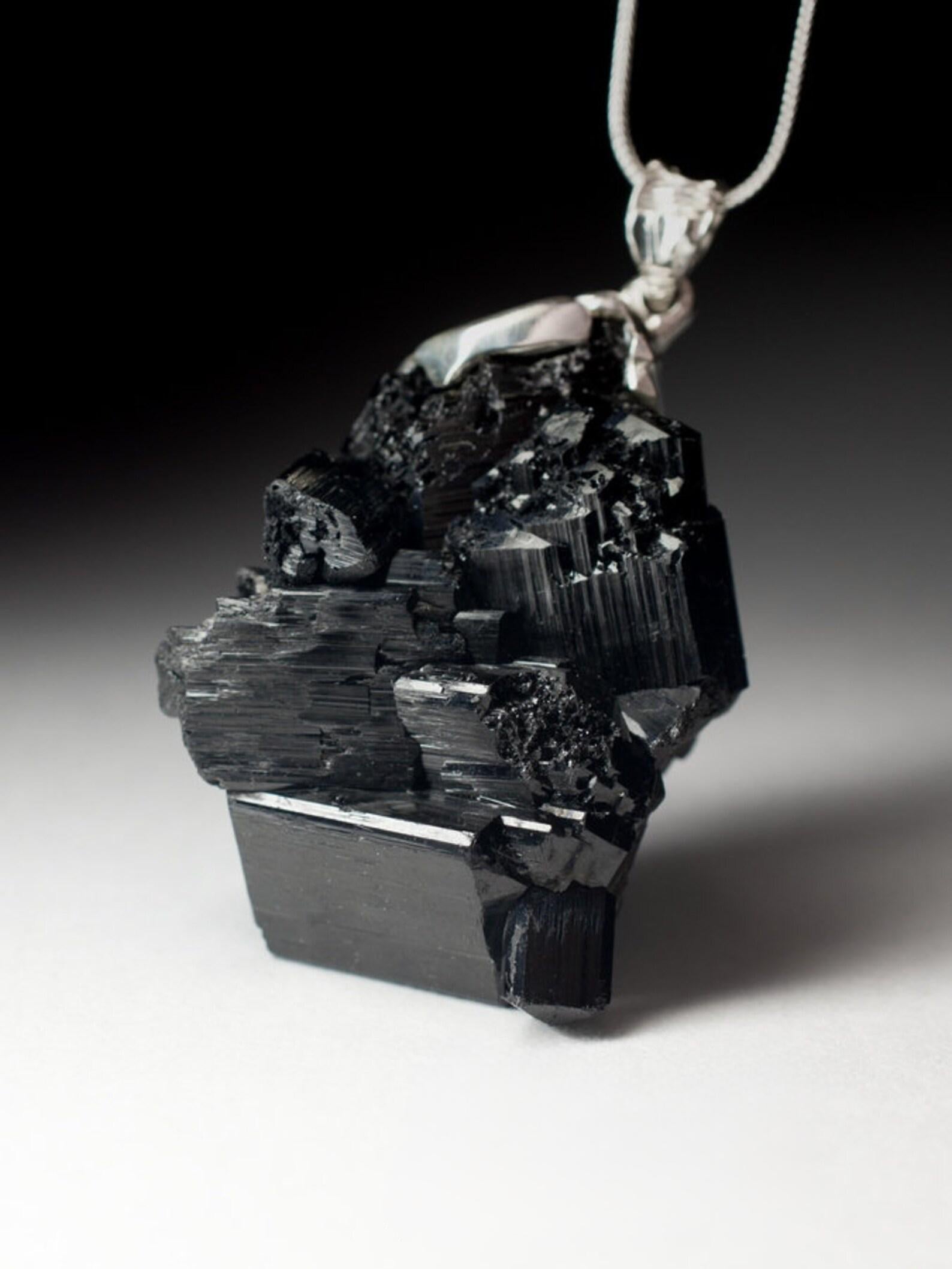 Uncut Large Black Tourmaline Silver Pendant Raw Gem Black Natural Crystal Magic gift For Sale