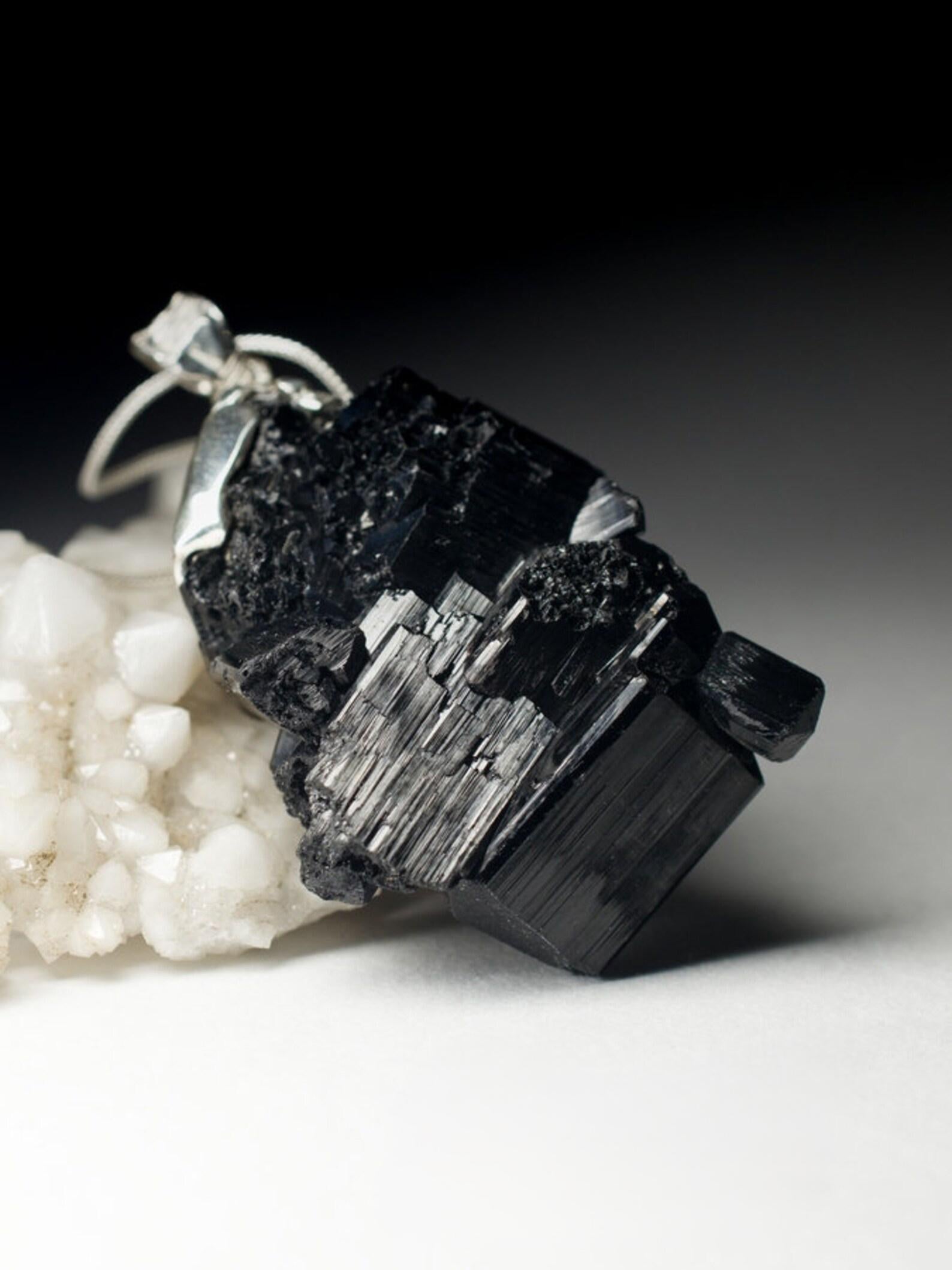 Women's or Men's Large Black Tourmaline Silver Pendant Raw Gem Black Natural Crystal Magic gift For Sale