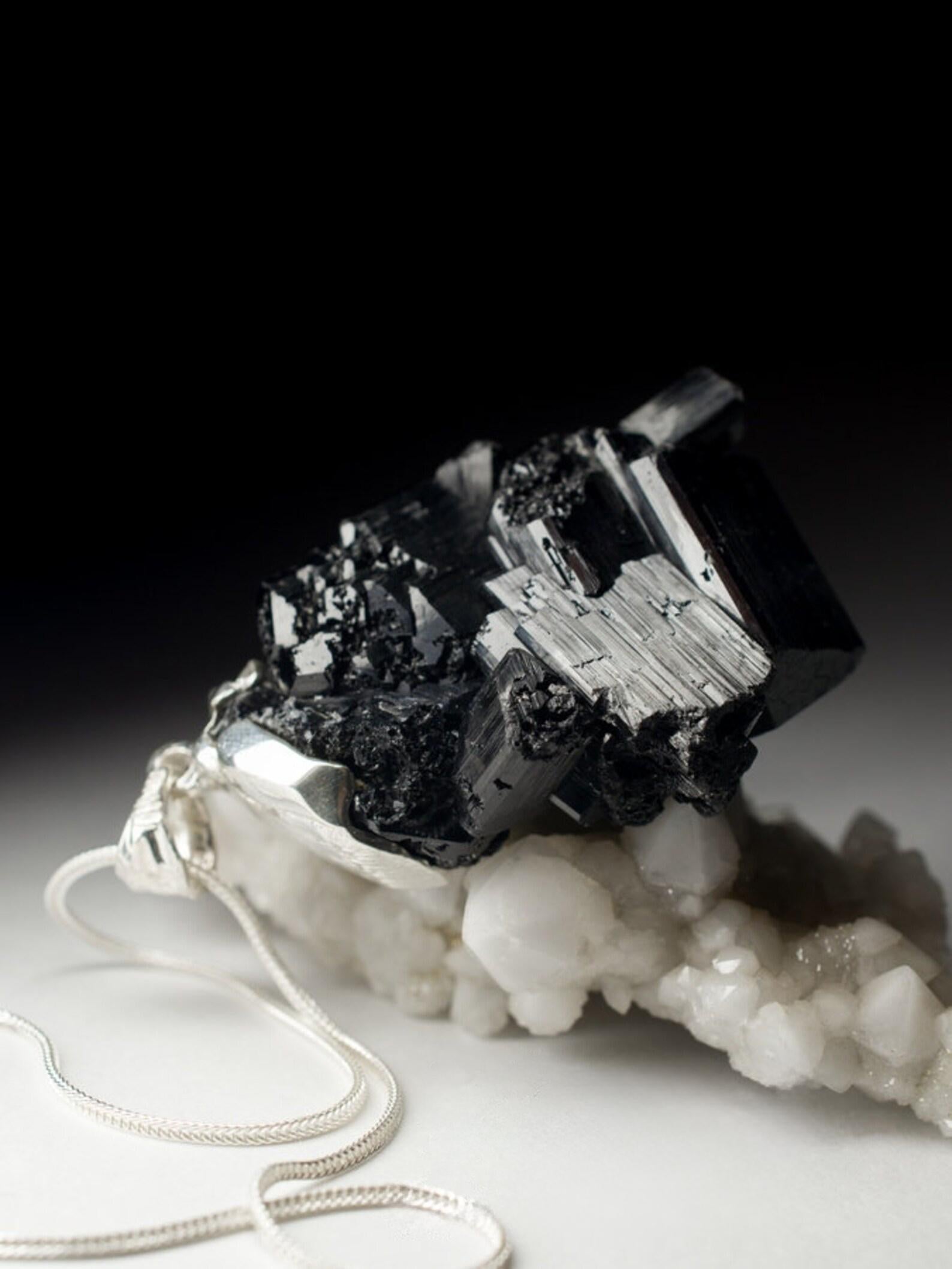Large Black Tourmaline Silver Pendant Raw Gem Black Natural Crystal Magic gift For Sale 1