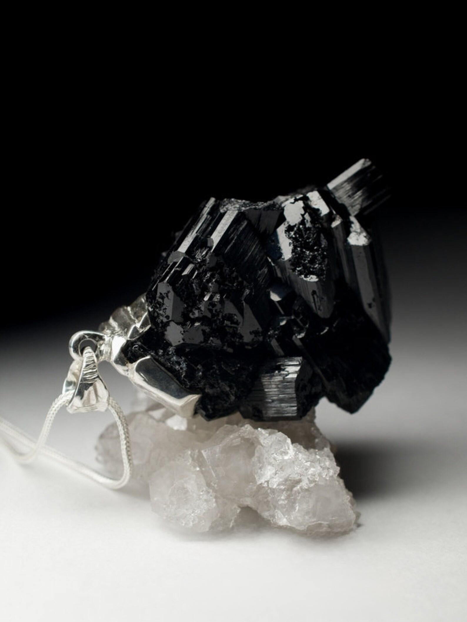 Large Black Tourmaline Silver Pendant Raw Gem Black Natural Crystal Magic gift For Sale 2