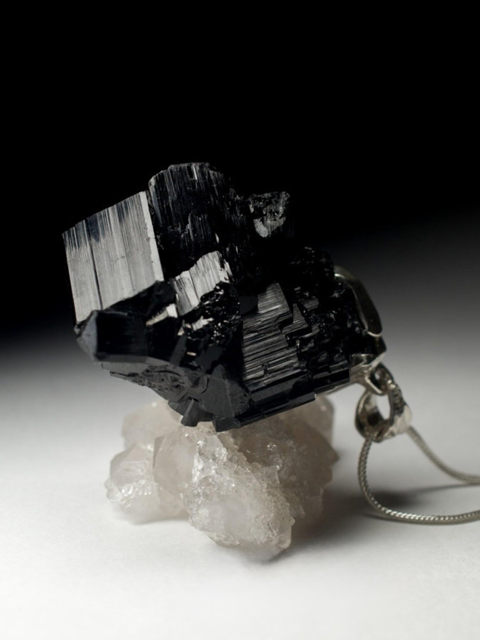 Large Black Tourmaline Silver Pendant Raw Gem Black Natural Crystal Magic gift For Sale 3