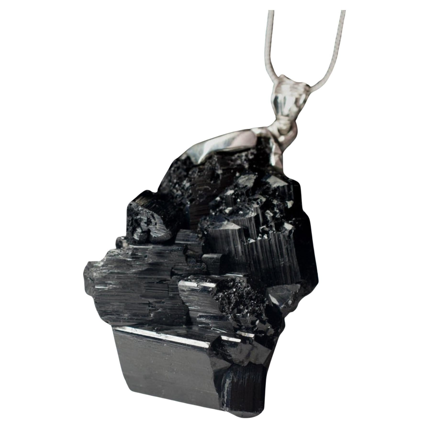 Large Black Tourmaline Silver Pendant Raw Gem Black Natural Crystal Magic gift For Sale