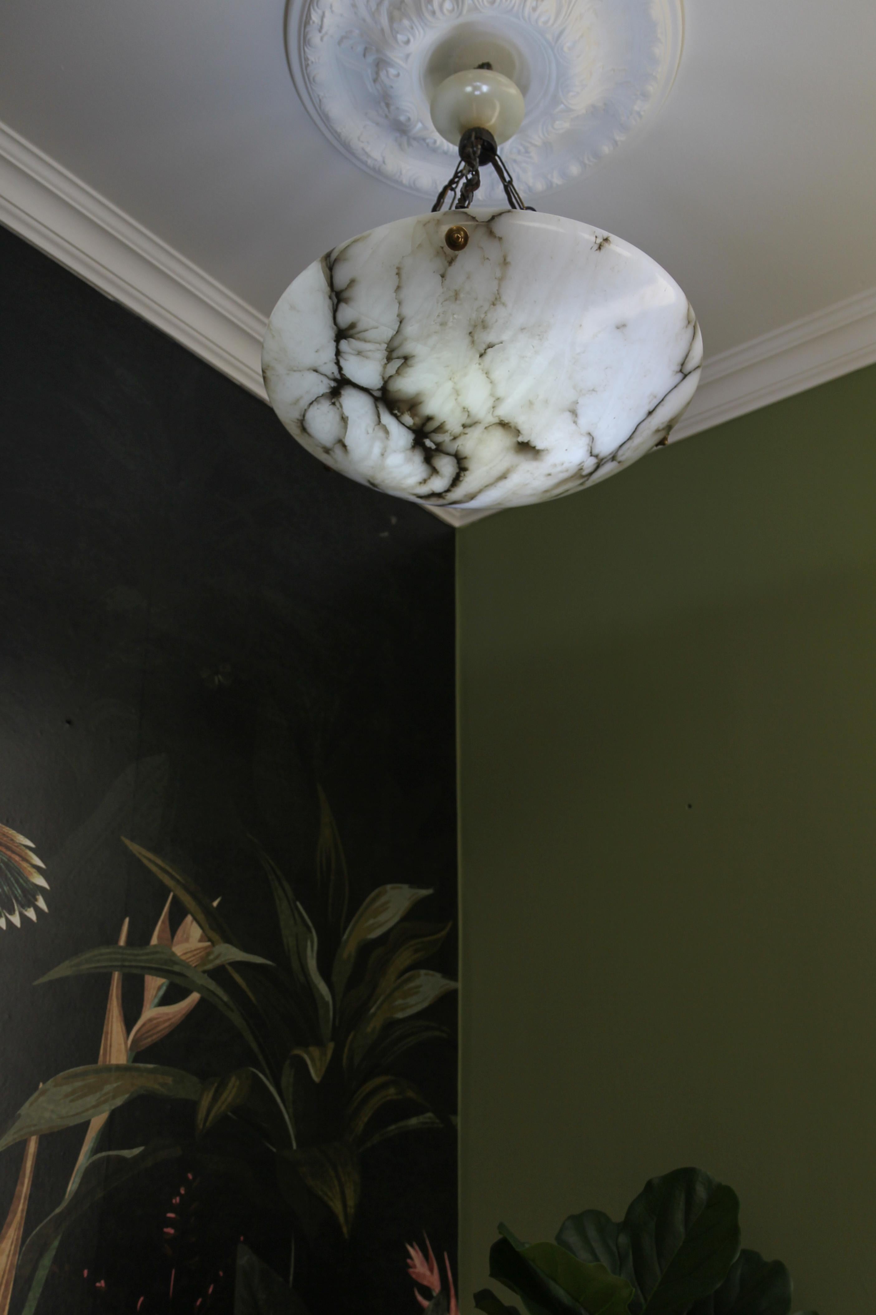 Large Black Veined White Alabaster and Brass Pendant Light Fixture, 1920 4