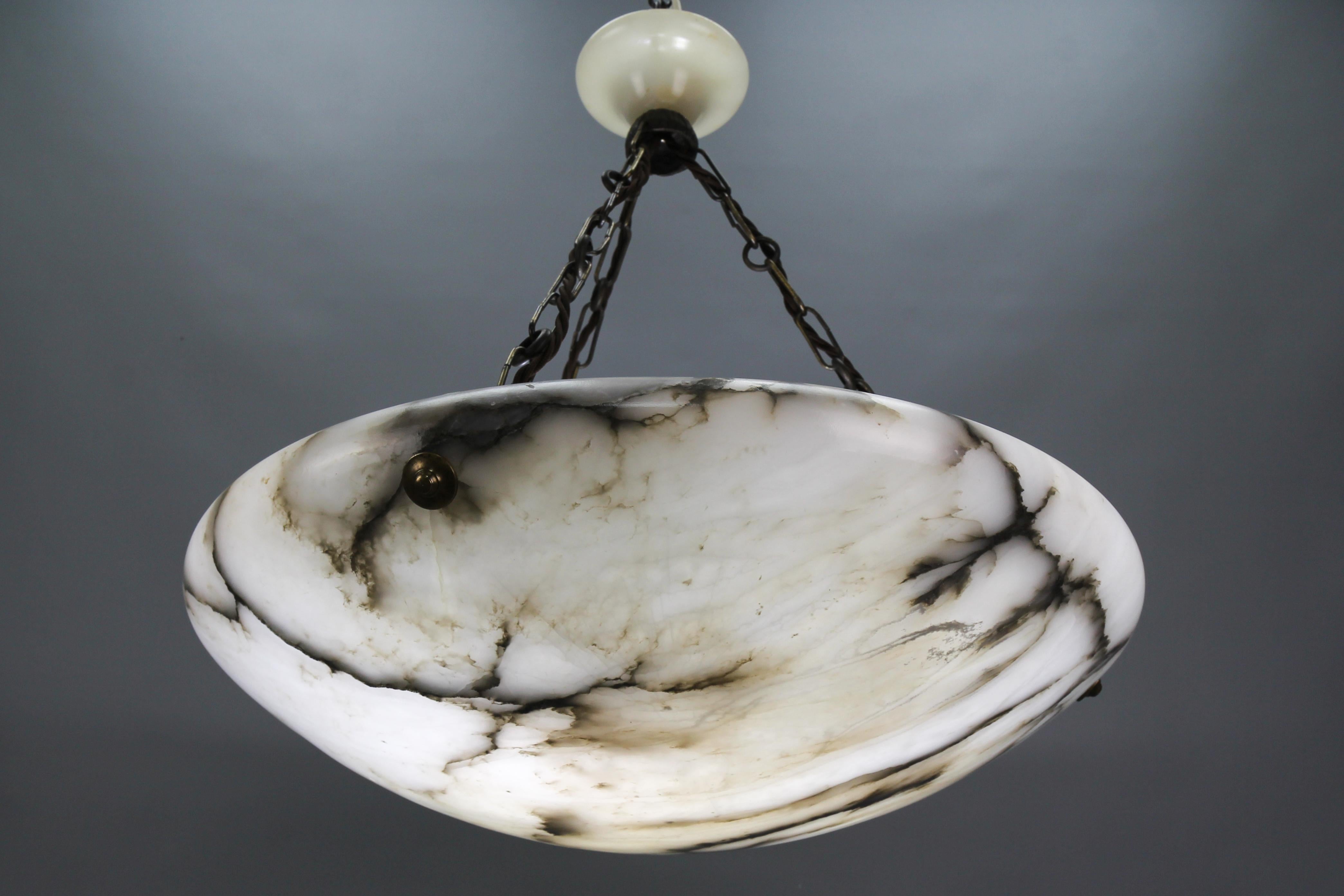 Large Black Veined White Alabaster and Brass Pendant Light Fixture, 1920 7