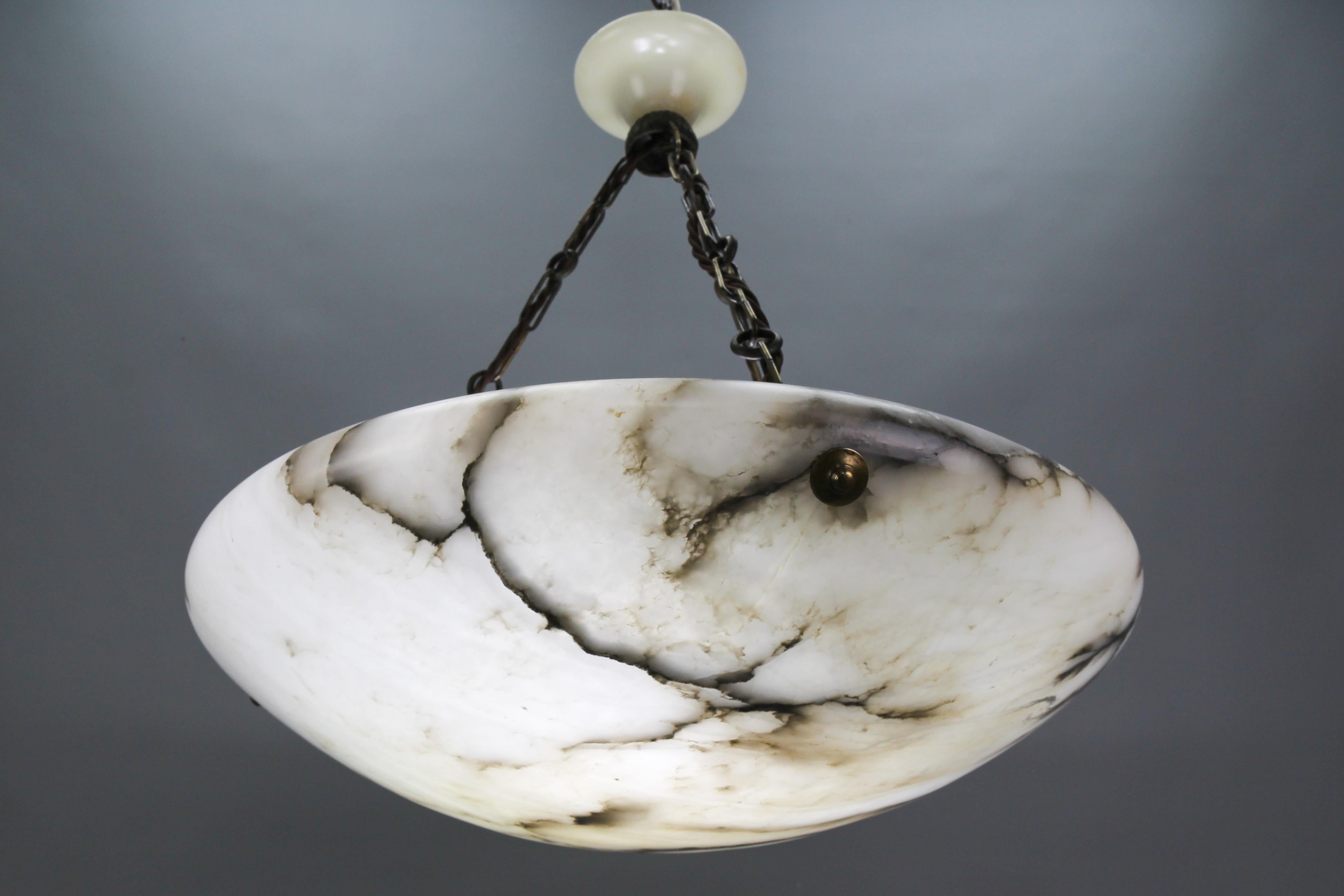 Large Black Veined White Alabaster and Brass Pendant Light Fixture, 1920 8