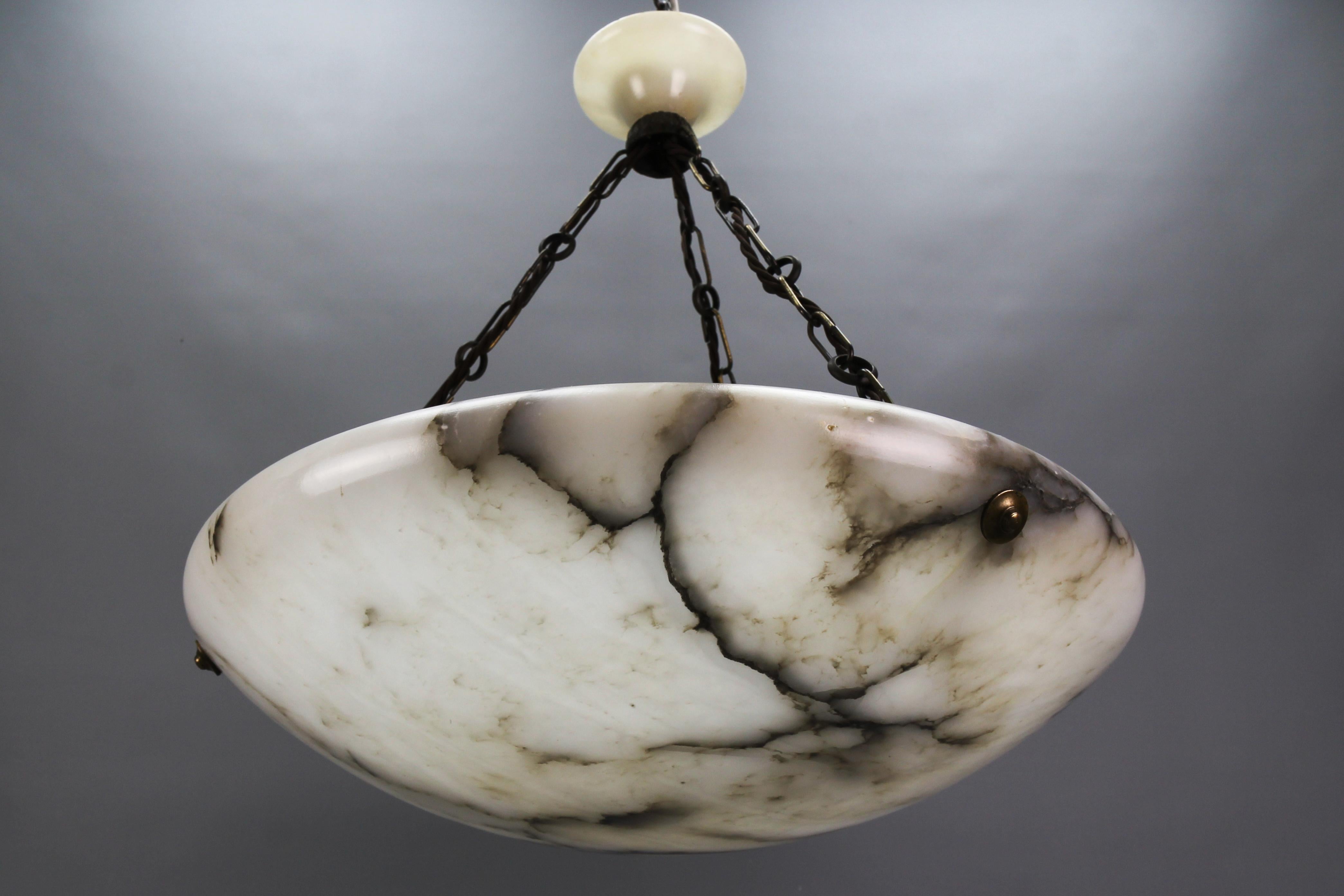 Large Black Veined White Alabaster and Brass Pendant Light Fixture, 1920 9