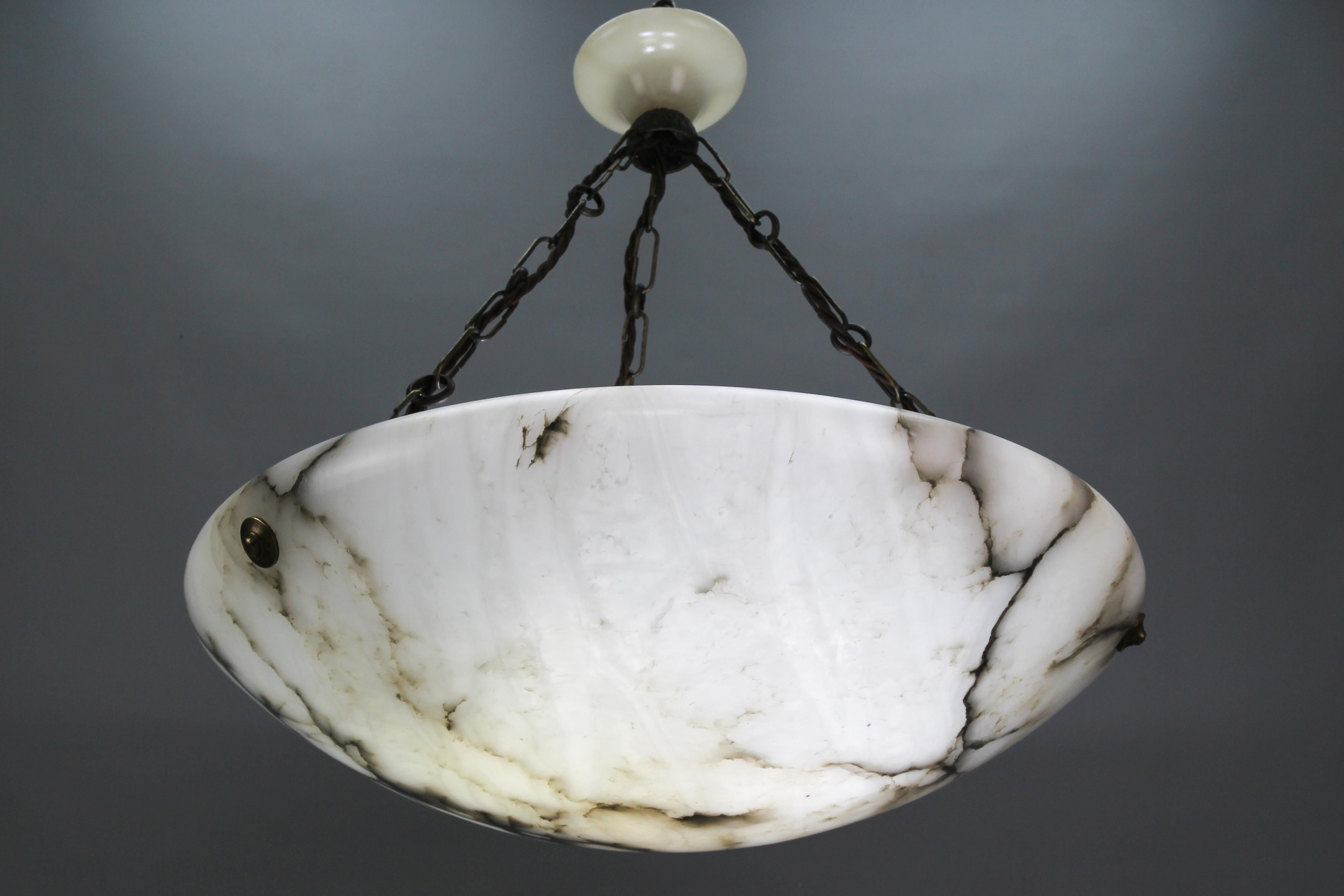 Large Black Veined White Alabaster and Brass Pendant Light Fixture, 1920 11