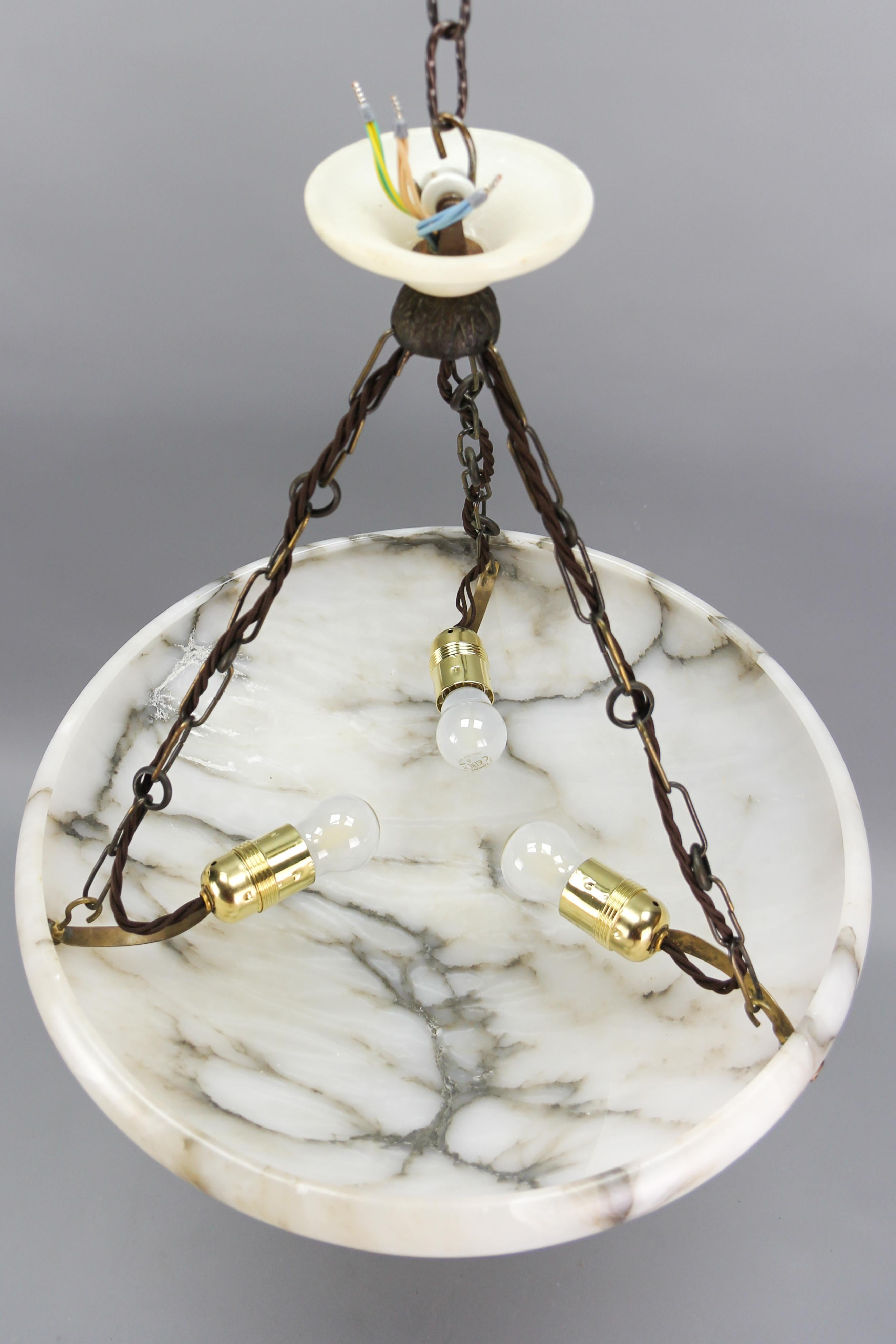 Large Black Veined White Alabaster and Brass Pendant Light Fixture, 1920 14