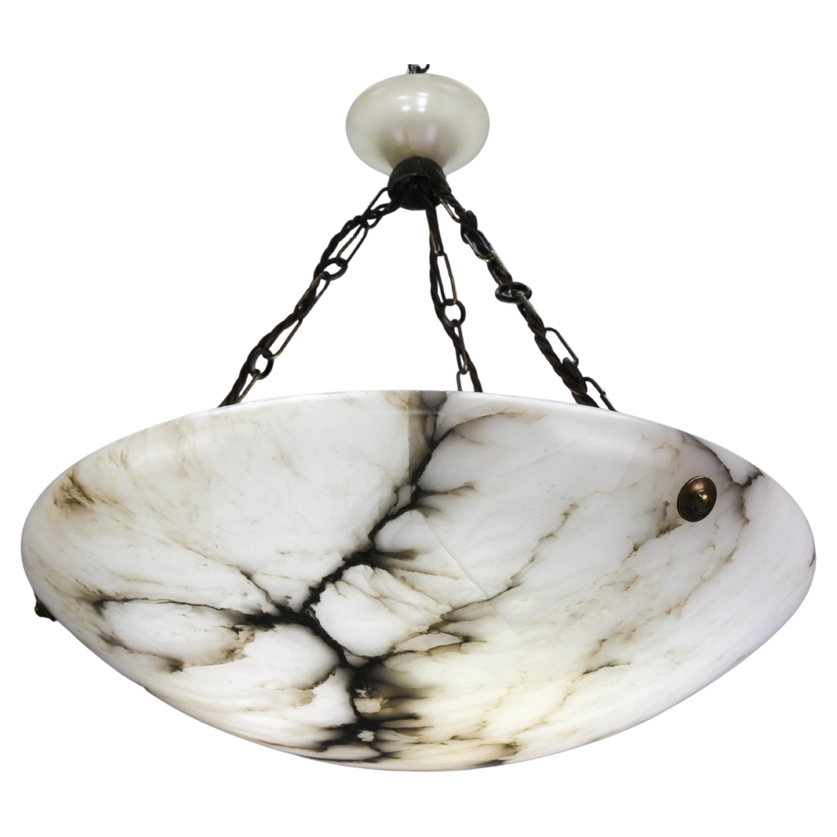 Large Black Veined White Alabaster and Brass Pendant Light Fixture, 1920
