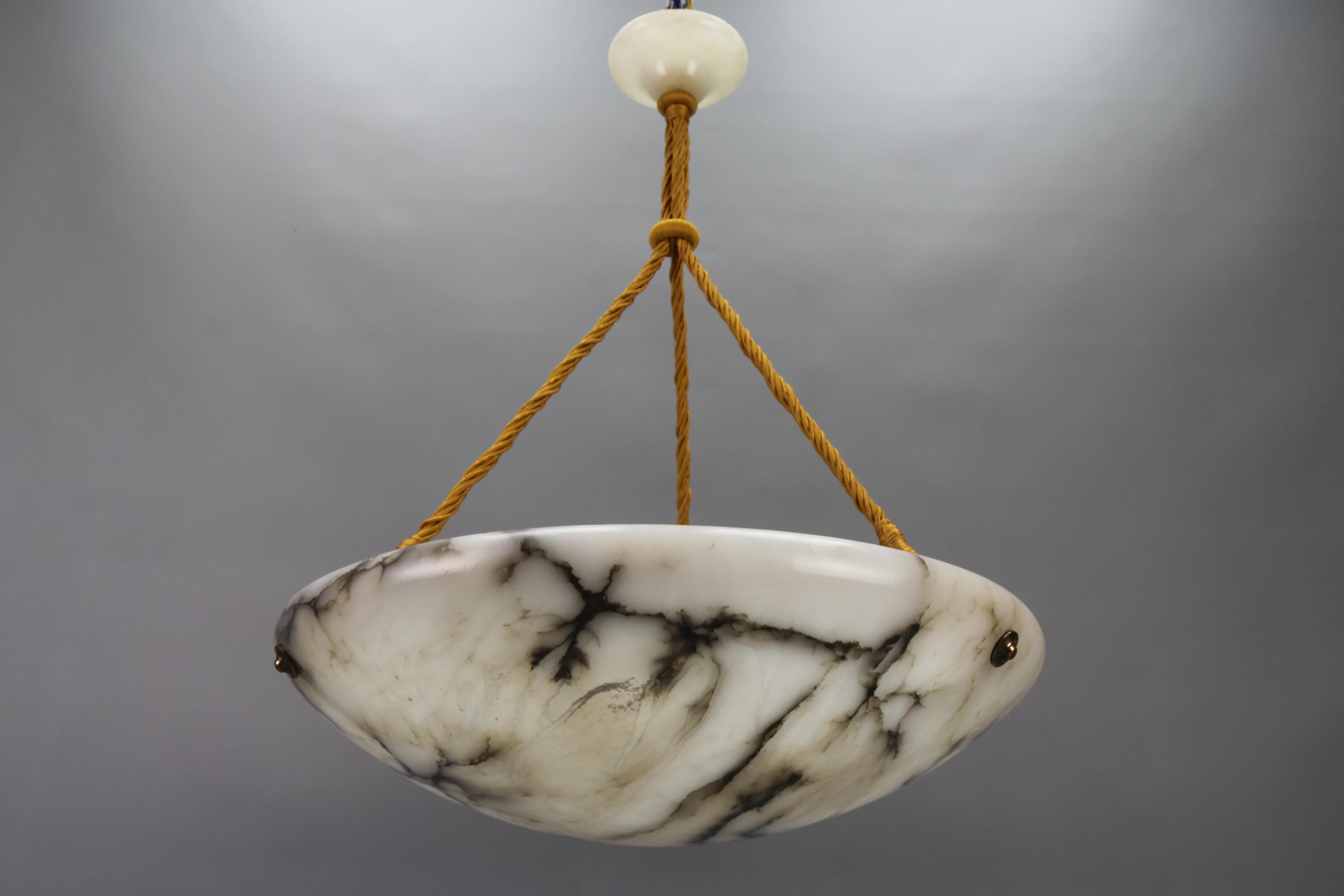 French Large Black Veined White and Grey Alabaster Pendant Light Fixture, 1920