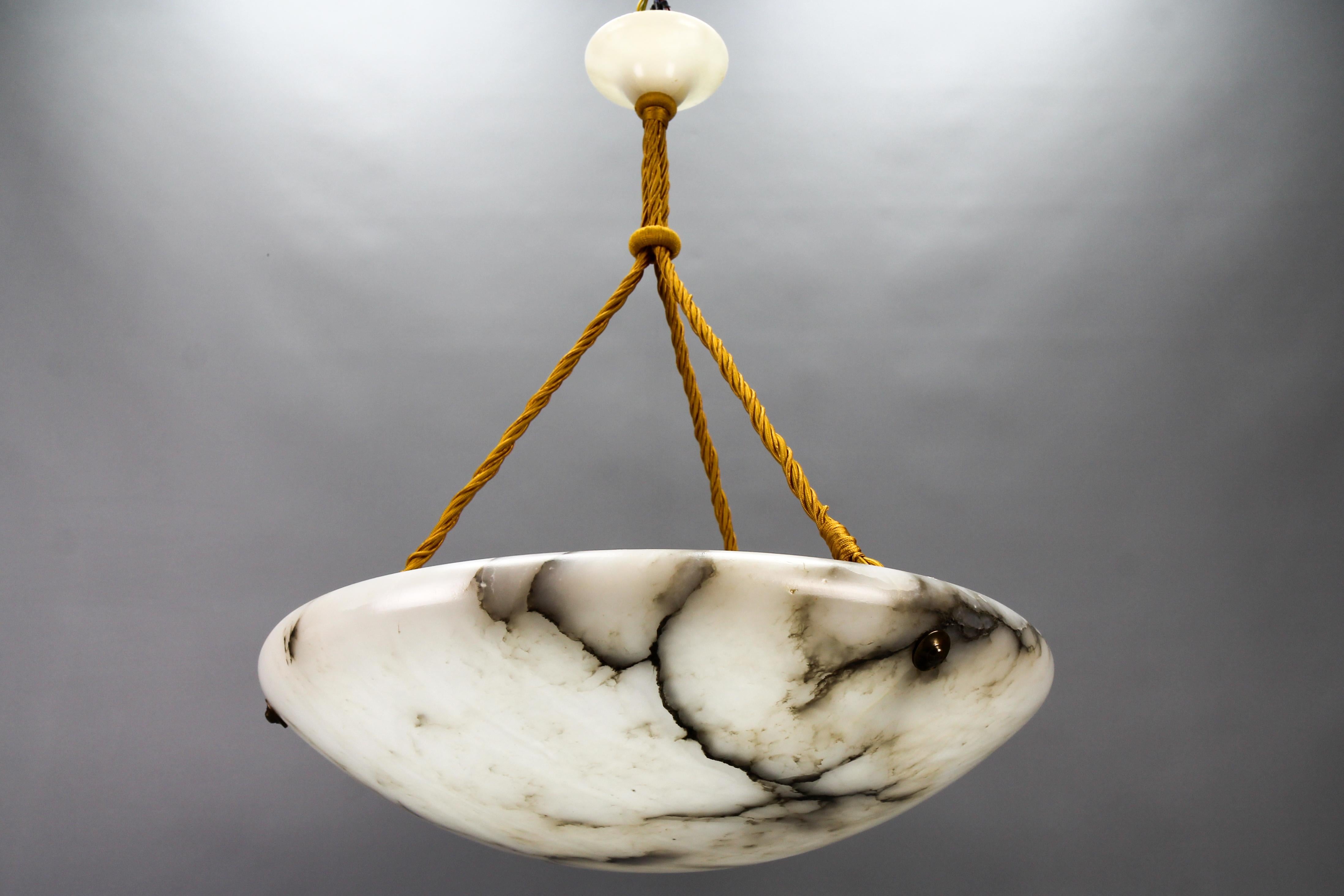 Large Black Veined White and Grey Alabaster Pendant Light Fixture, 1920 In Good Condition In Barntrup, DE
