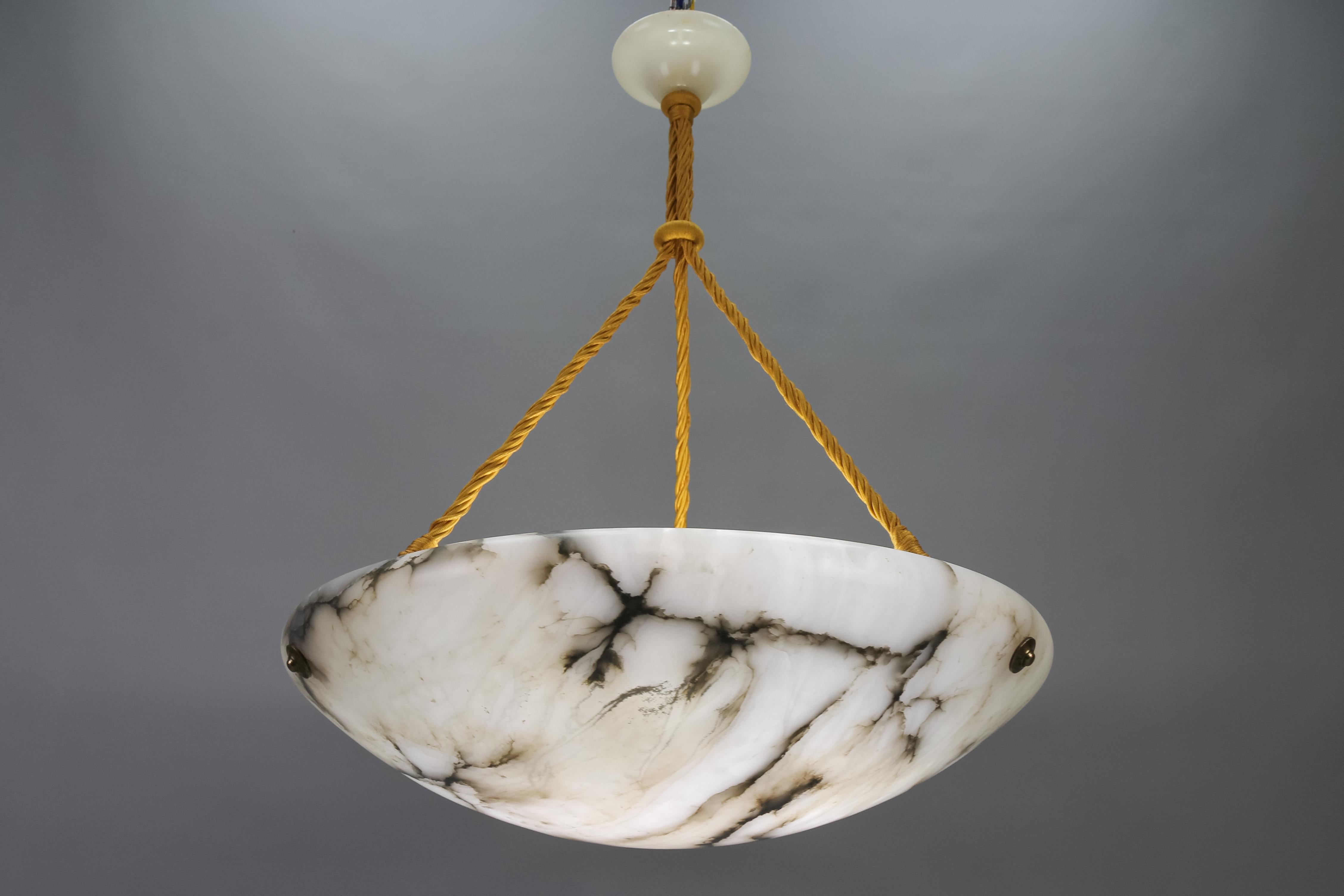 Brass Large Black Veined White and Grey Alabaster Pendant Light Fixture, 1920