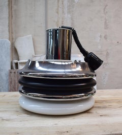 Large Black, White and Chrome metal Glass Space Age Pendant Light, circa 1970s