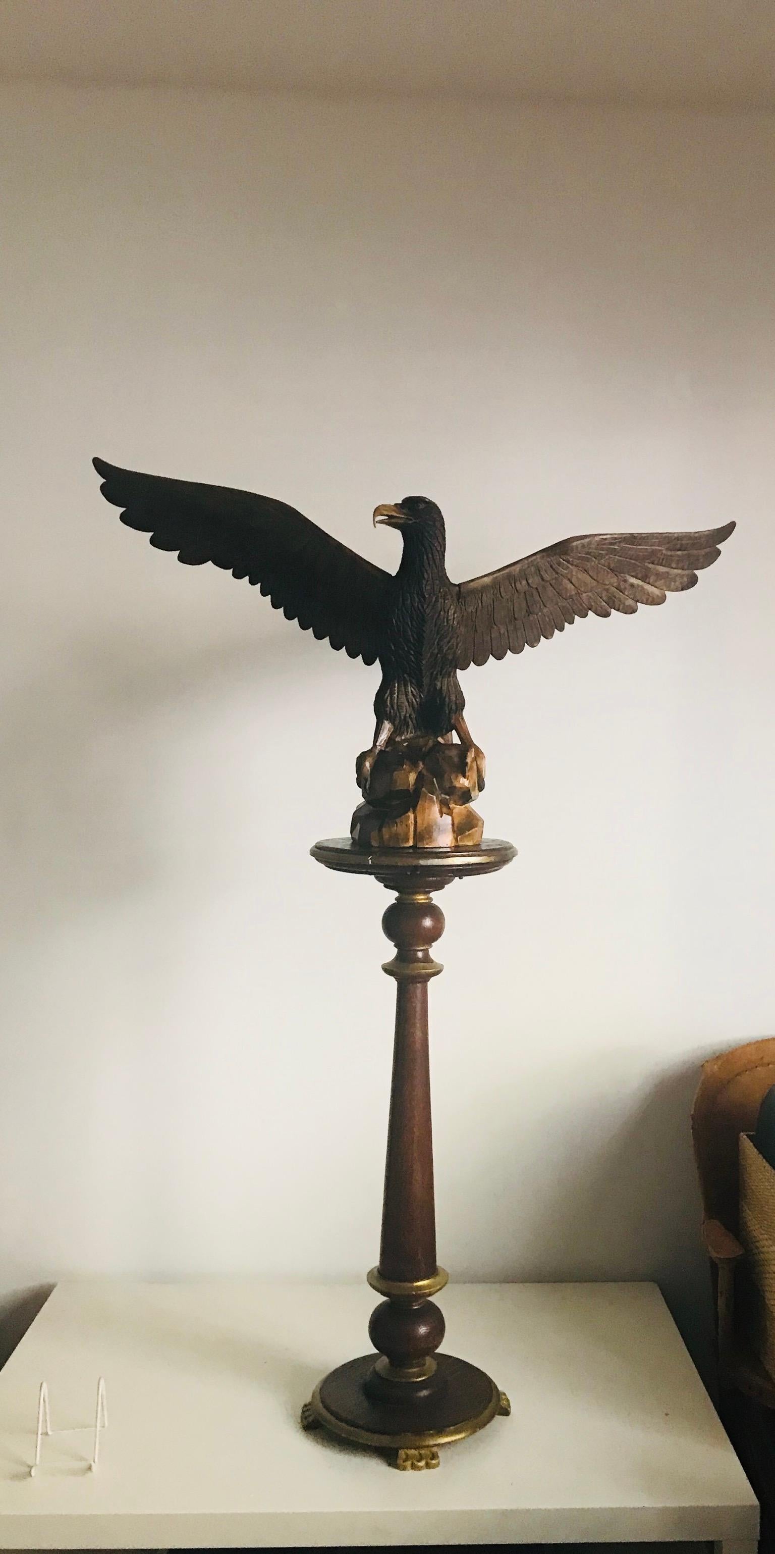 Large impressive handcarved  Eagle sculpture, blackforest style, detachable wings on a beautiful matching wood stand. 