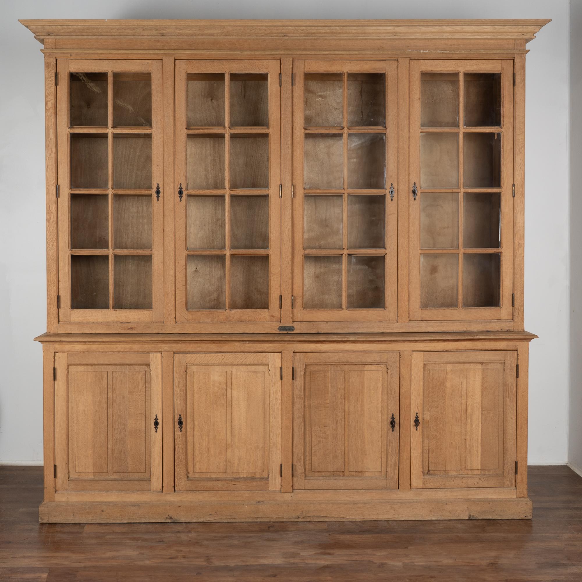 Country Large Bleached Oak Bookcase Display Cabinet With Adjustable Shelves, circa 1940