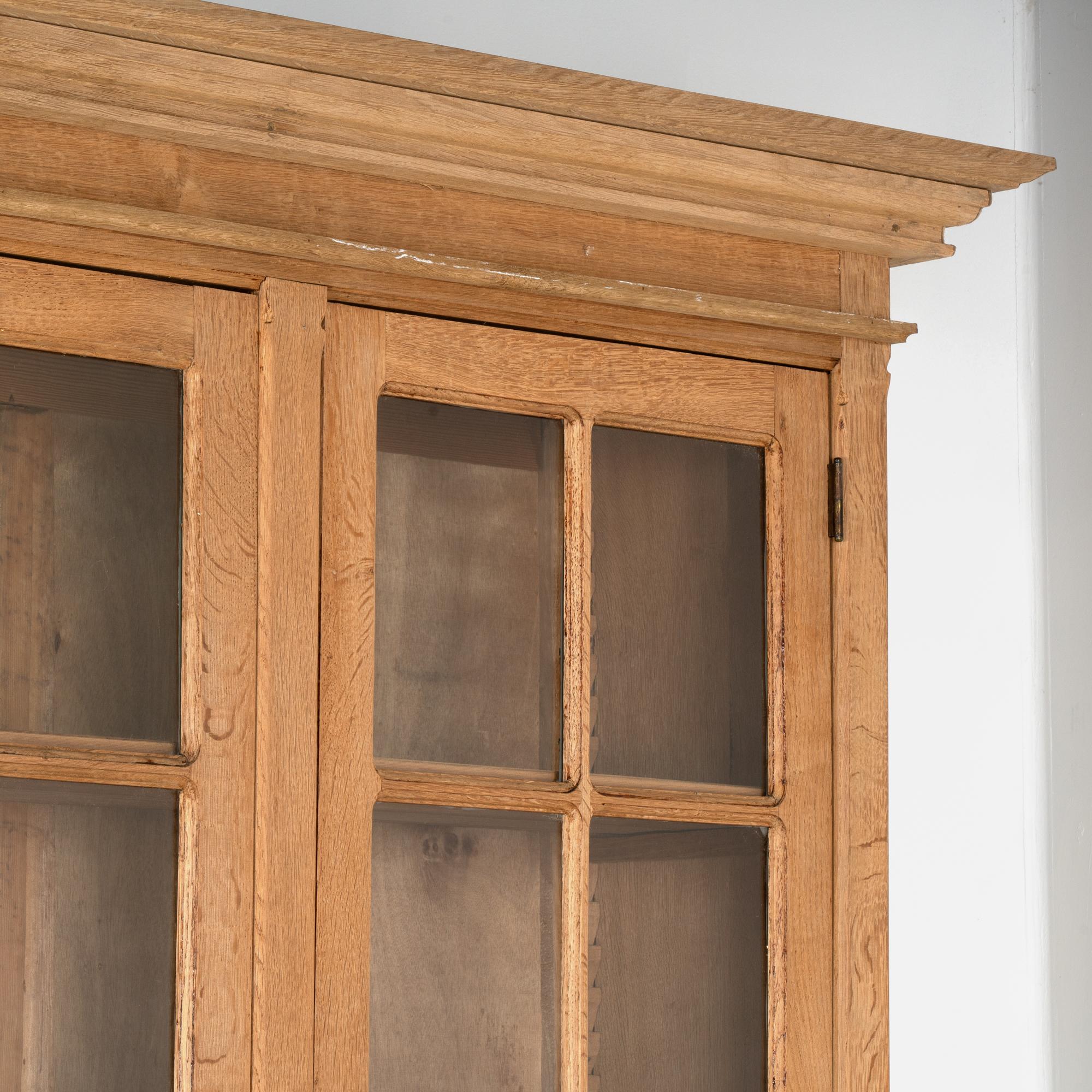 Large Bleached Oak Bookcase Display Cabinet With Adjustable Shelves, circa 1940 In Good Condition In Round Top, TX