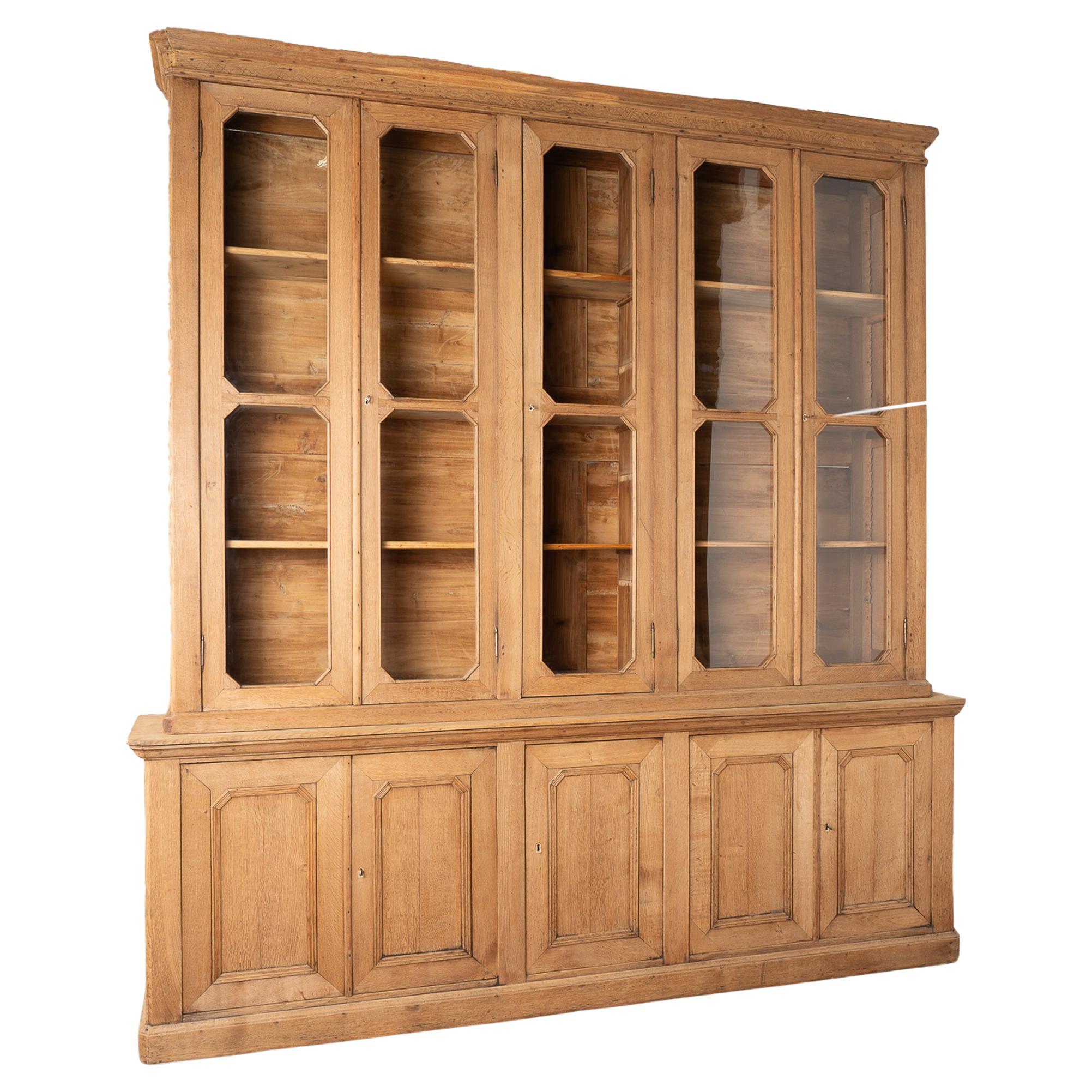 Large Bleached Oak Bookcase With Adjustable Shelves, France circa 1900-20