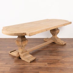 Large Bleached Oak Dining Table with Thick Top Trestle Base circa 1920-40