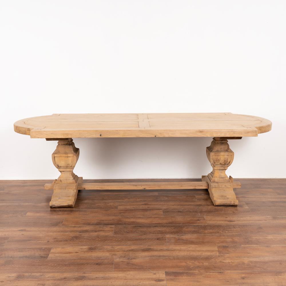 French Provincial Large Bleached Oak Dining Table with Thick Top Trestle Base circa 1920-40