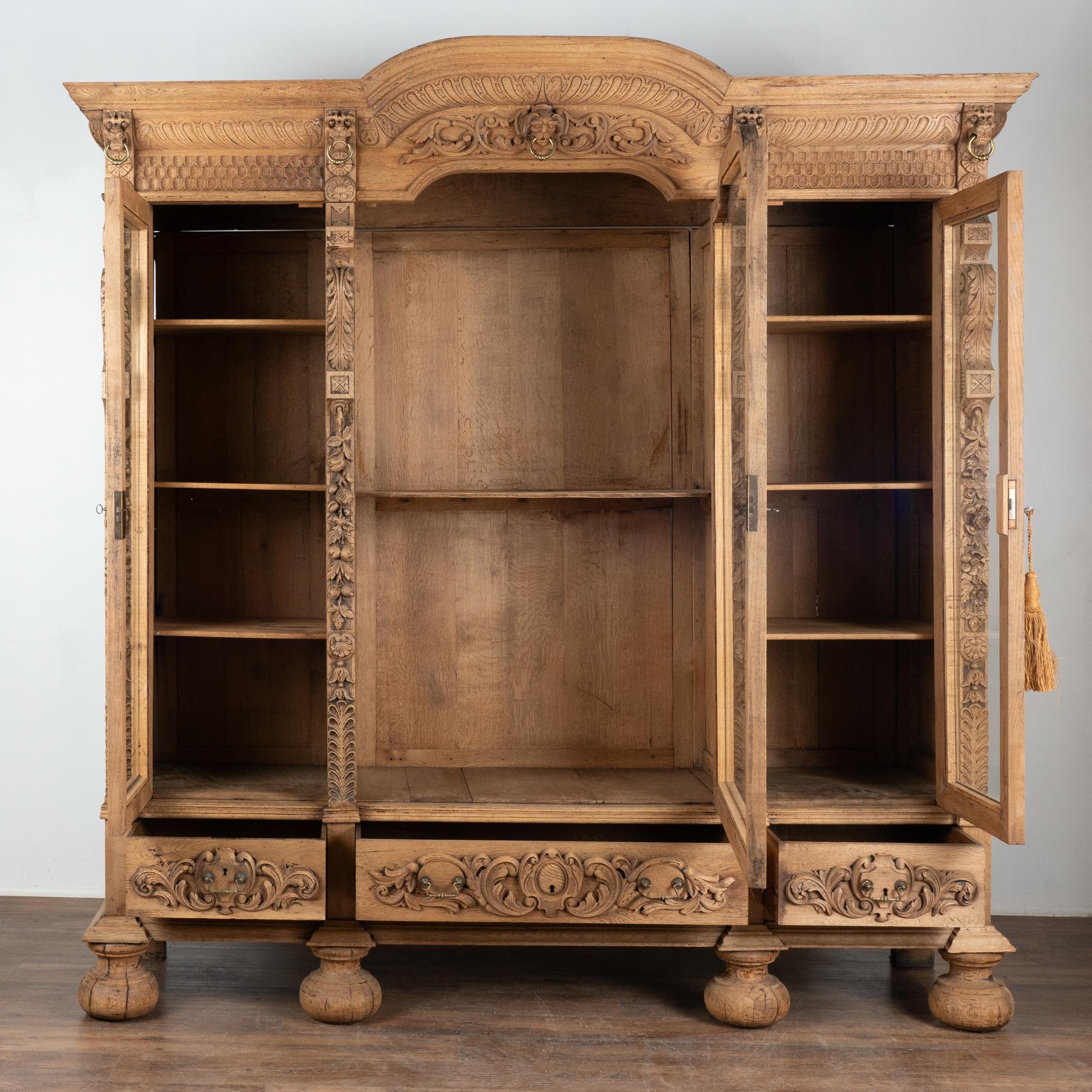 French Provincial Large Bleached Oak French Bookcase Display Cabinet, circa 1890