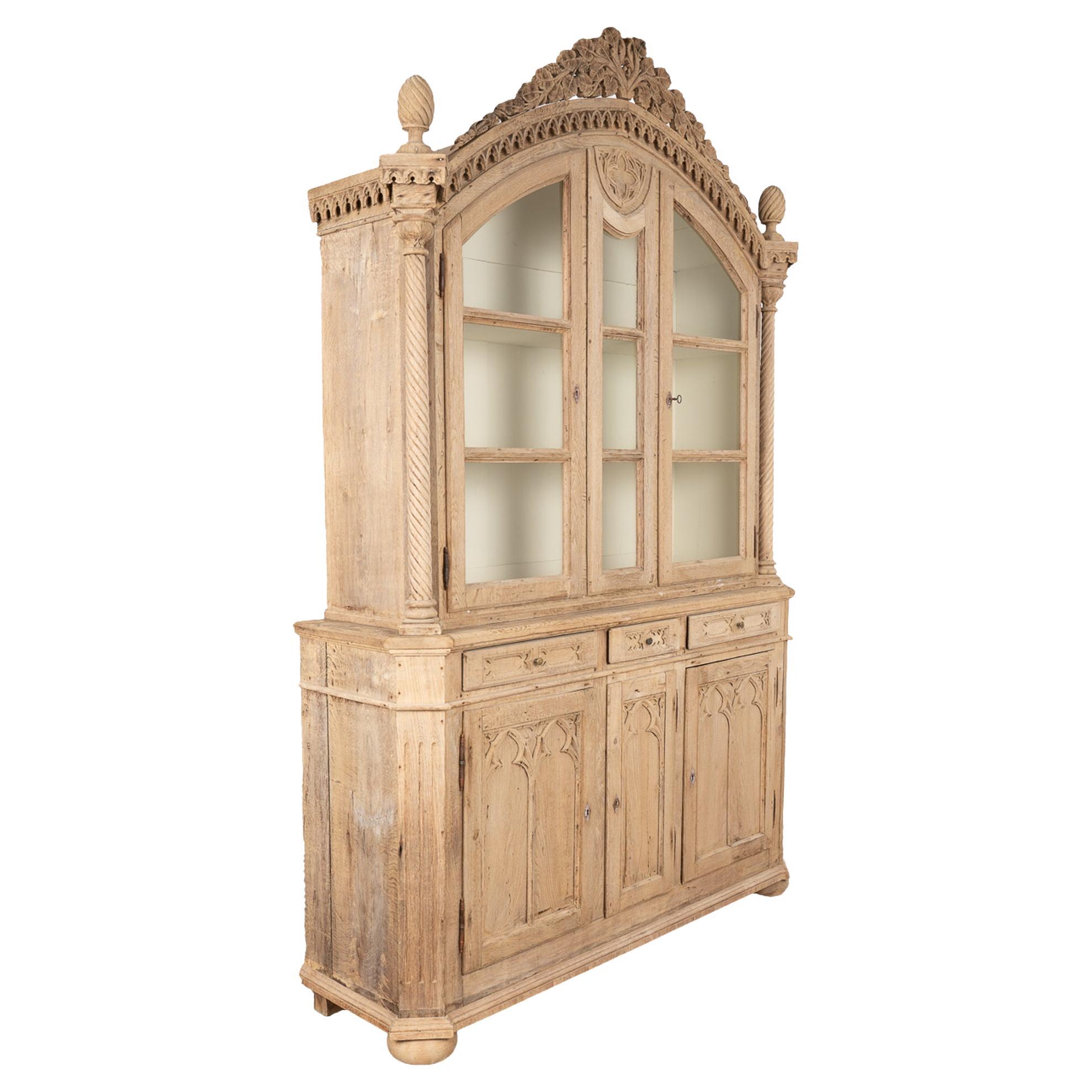 Large Bleached Oak French Gothic Bookcase Display Cabinet, circa 1840 ...