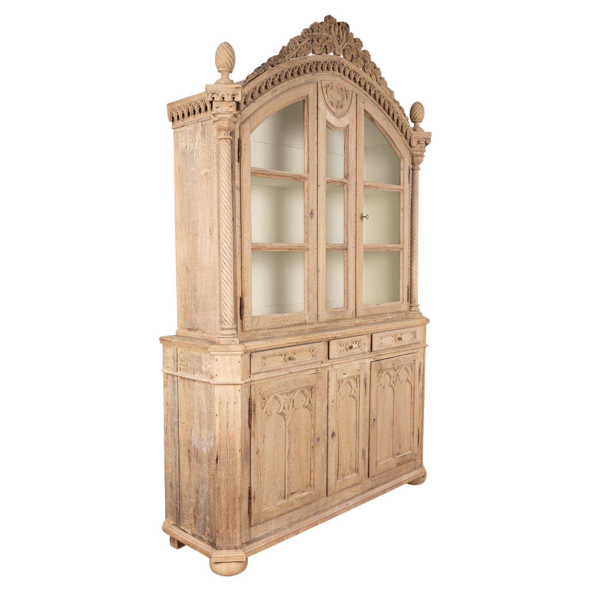 Large Bleached Oak French Gothic Bookcase Display Cabinet, circa 1840-60 For Sale