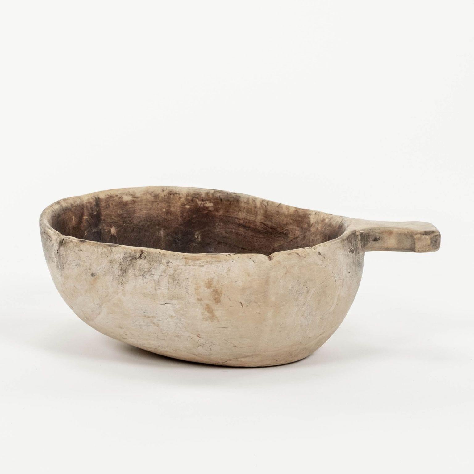 Large Bleached Swedish Lapland ale bowl with handle. Hand-carved from sycamore. Old steel plug repair with scrubbed dark interior patina.

Note: Original/early finish on antique and vintage metal will include some, or all, of the following: patina,