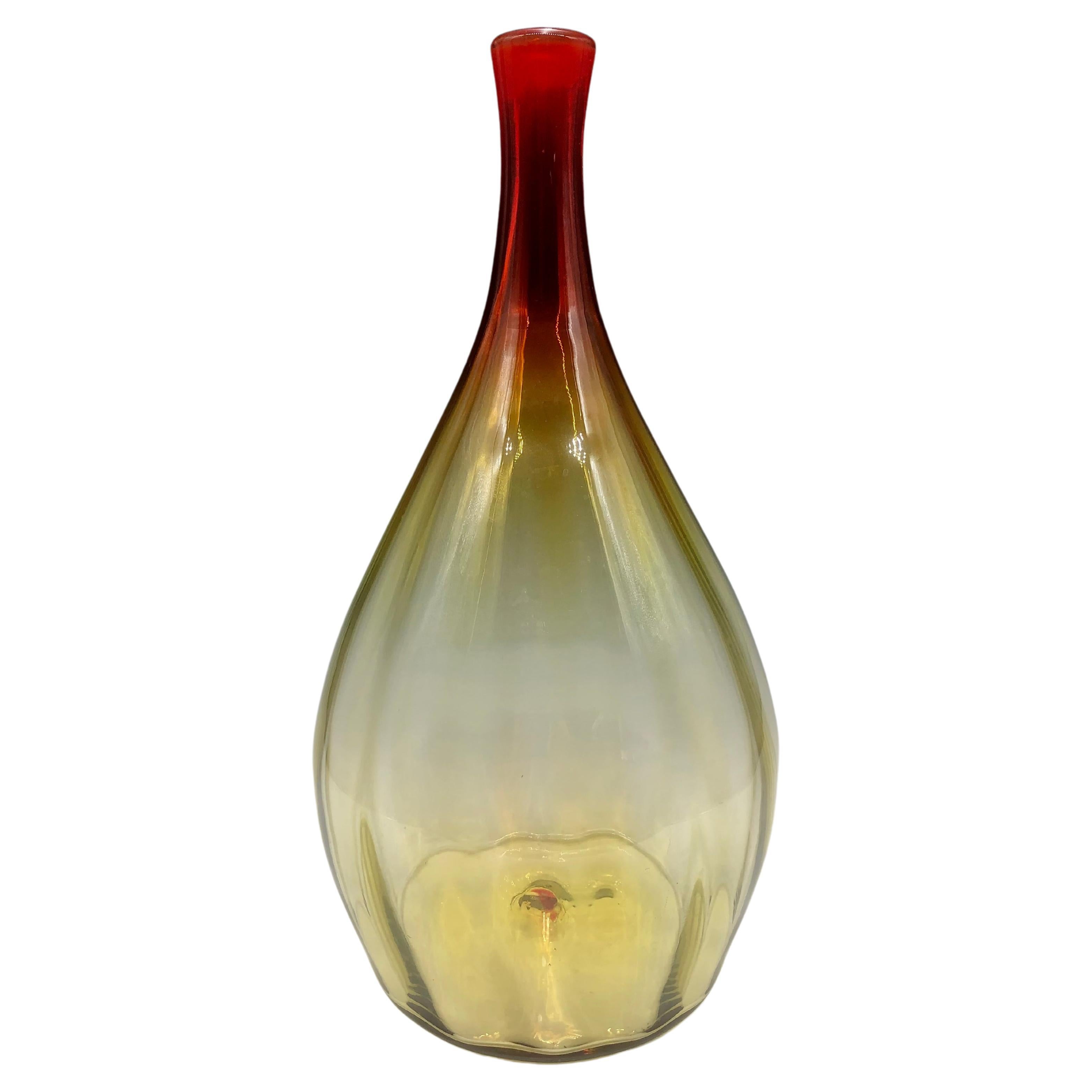 Large Blenko Amberina Red and Yellow Ribbed Vase For Sale