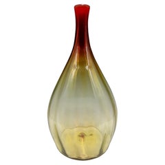 Retro Large Blenko Amberina Red and Yellow Ribbed Vase