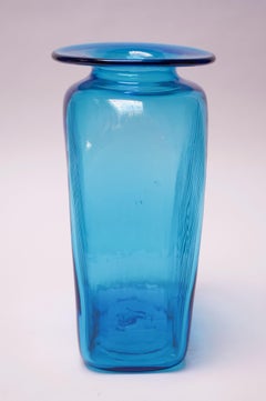 Large Blenko Blown Glass Turquoise Asymmetrical "Ribbed" Vase