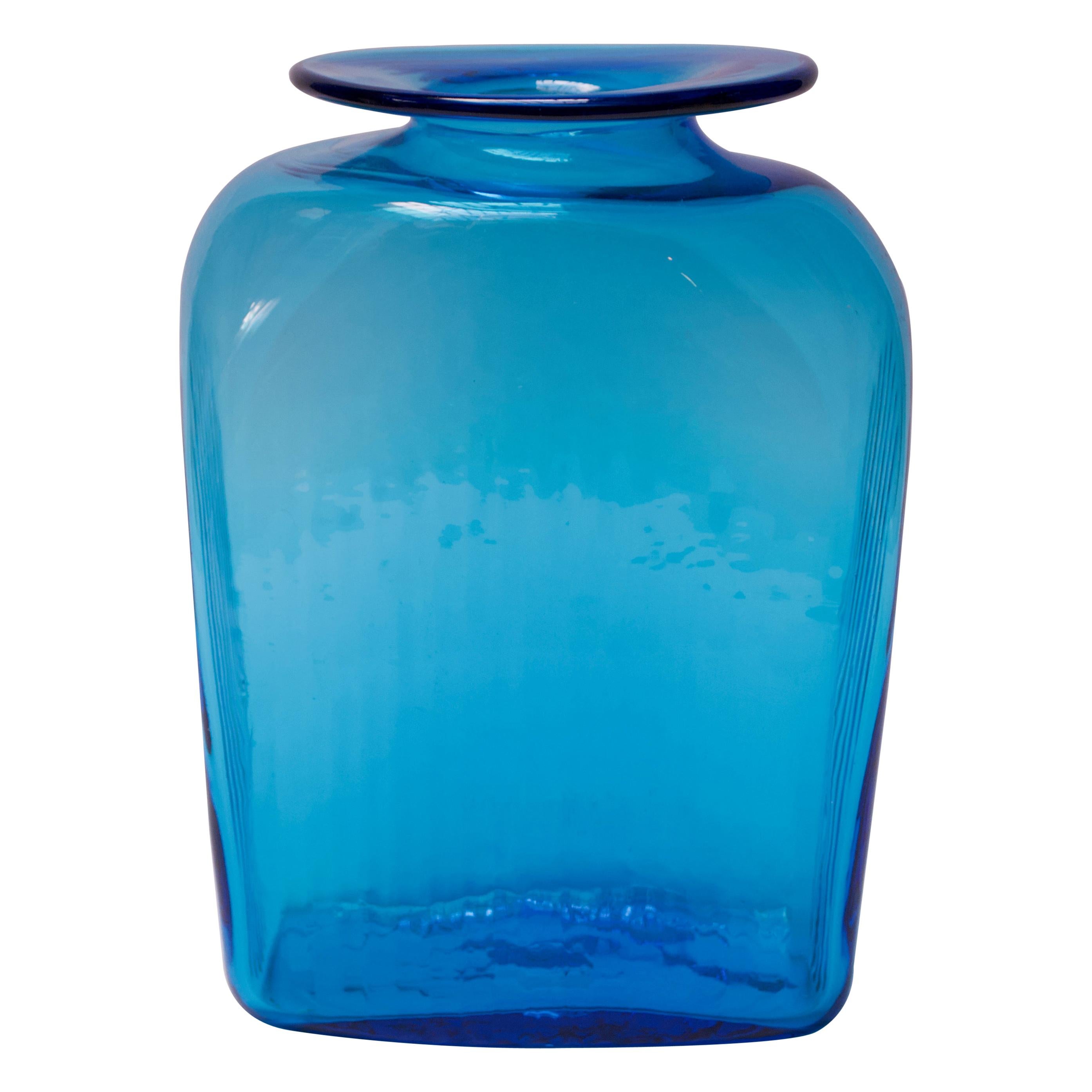 Large Blenko Blown Glass Turquoise Asymmetrical "Ribbed" Vase