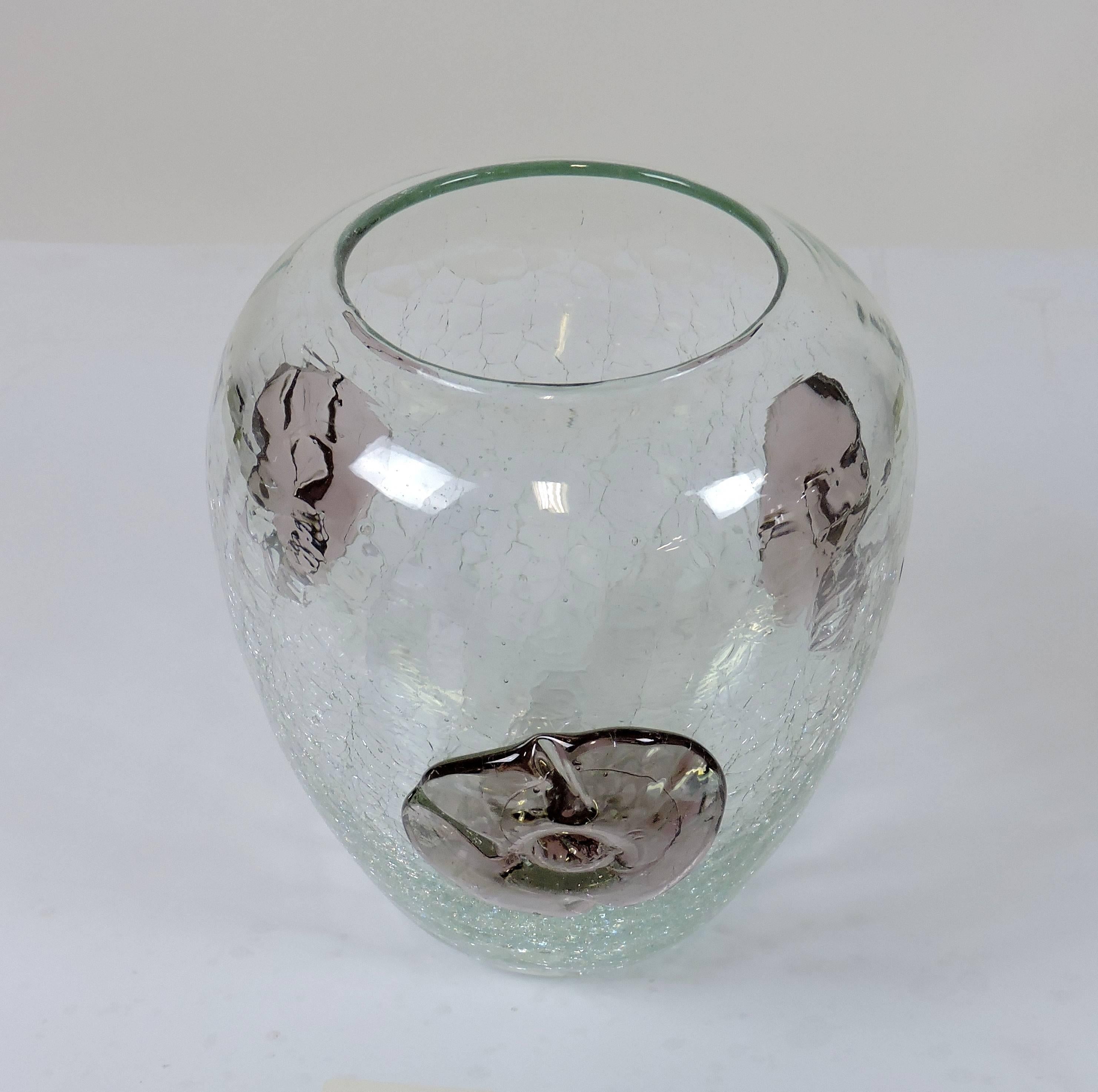 Beautiful older handblown Blenko clear crackle glass vase with three amethyst colored applied flowers.