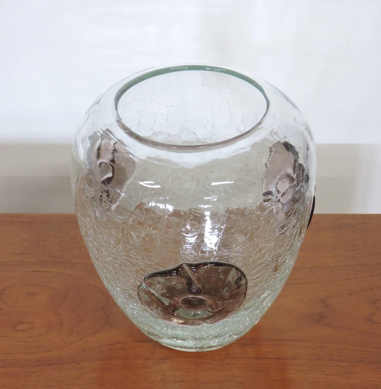 Large Blenko Crackle Glass Vase with Applied Flowers at 1stDibs