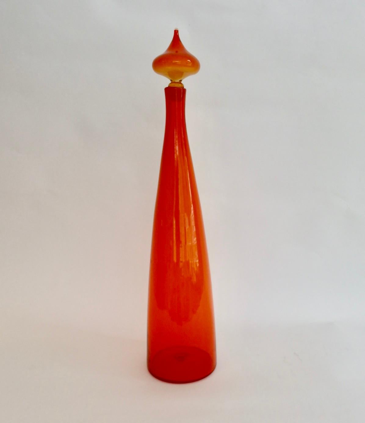 Large Blenko Glass Orange Bottle Vase with Stopper 2