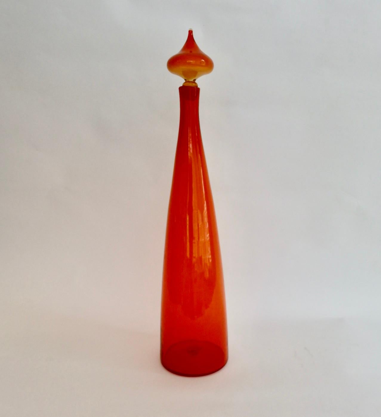 Large Blenko Glass Orange Bottle Vase with Stopper 3