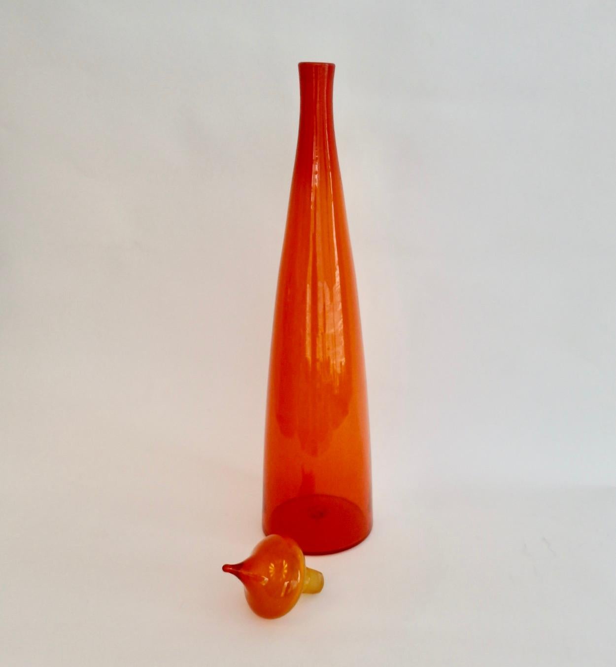 Mid-Century Modern Large Blenko Glass Orange Bottle Vase with Stopper