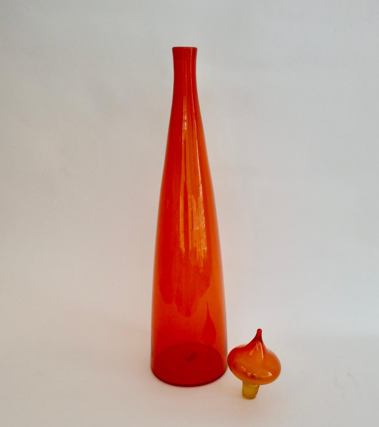 American Large Blenko Glass Orange Bottle Vase with Stopper