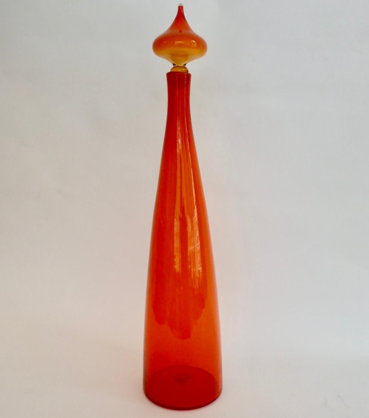 Hand-Crafted Large Blenko Glass Orange Bottle Vase with Stopper