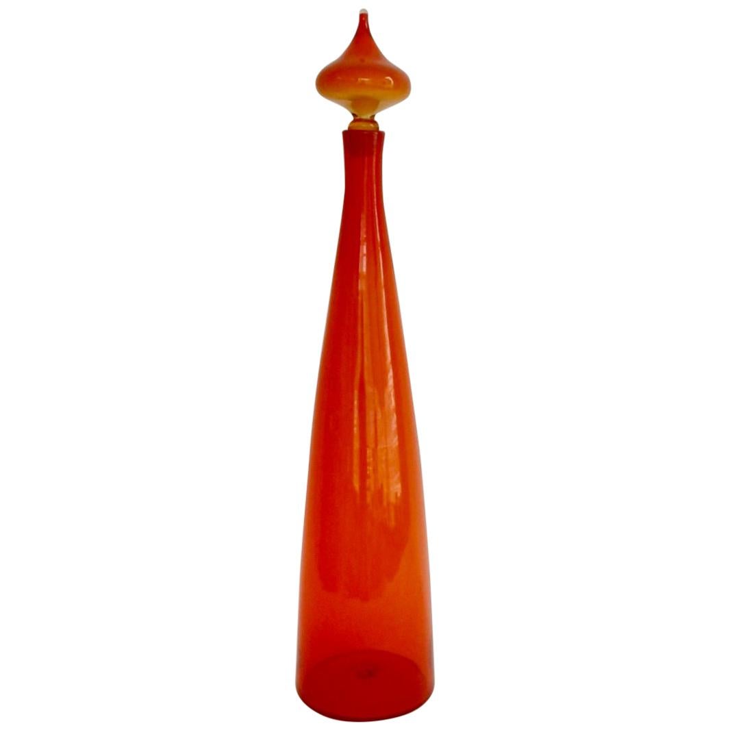 Large Blenko Glass Orange Bottle Vase with Stopper