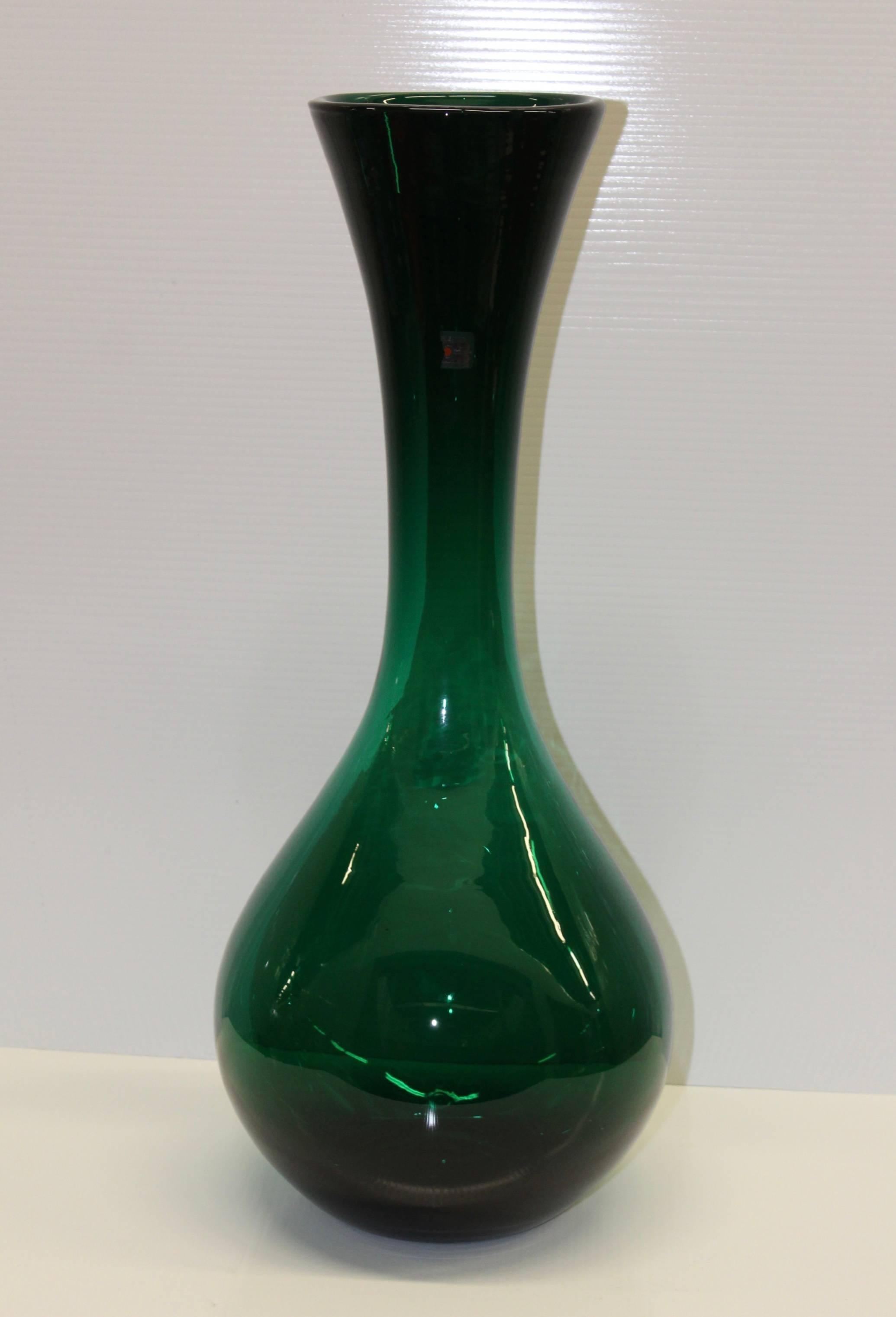 Stunning 1960s large Blenko glass handmade green vase.
