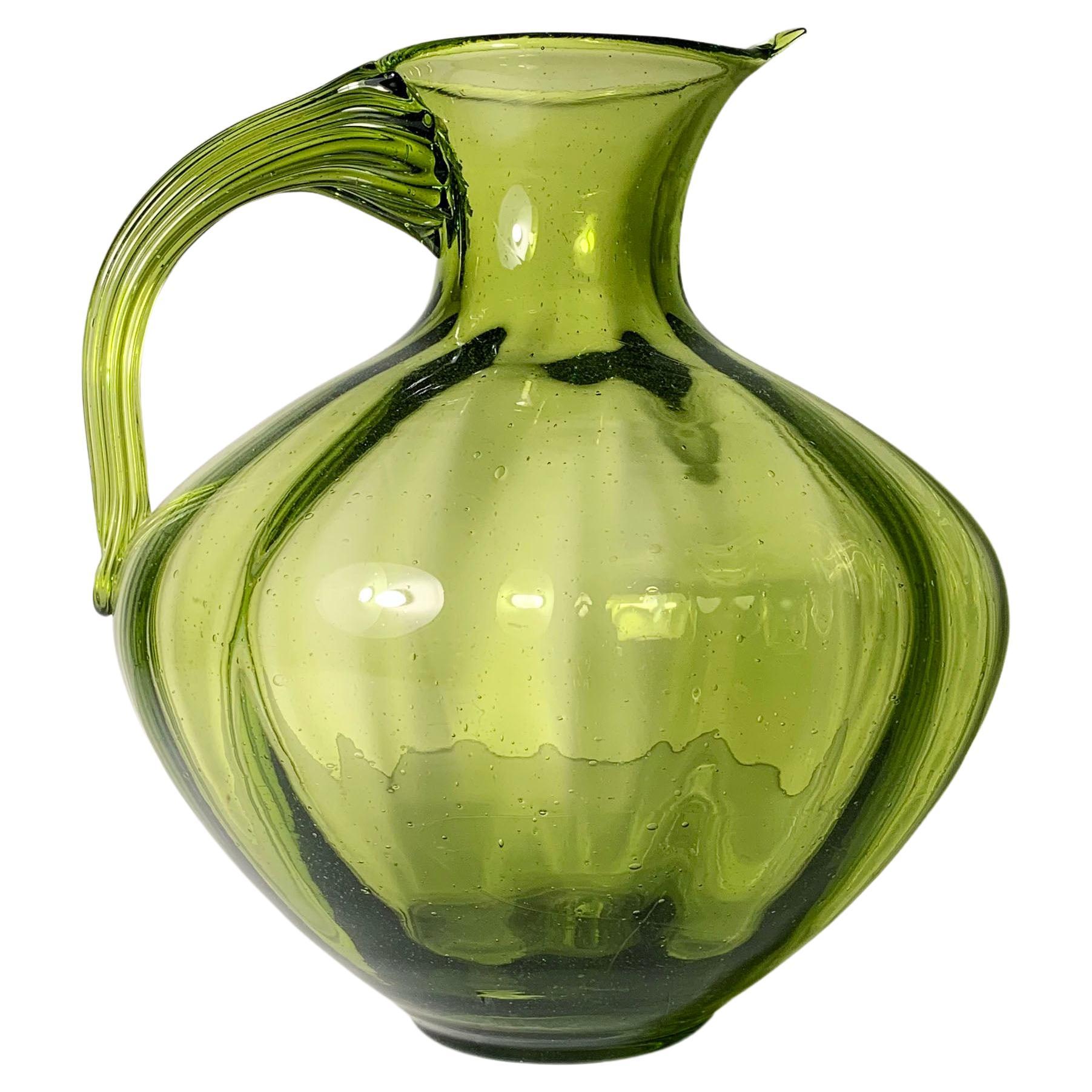 Large Blenko Optic Chartreuse Glass Pitcher Vase by Winslow Anderson