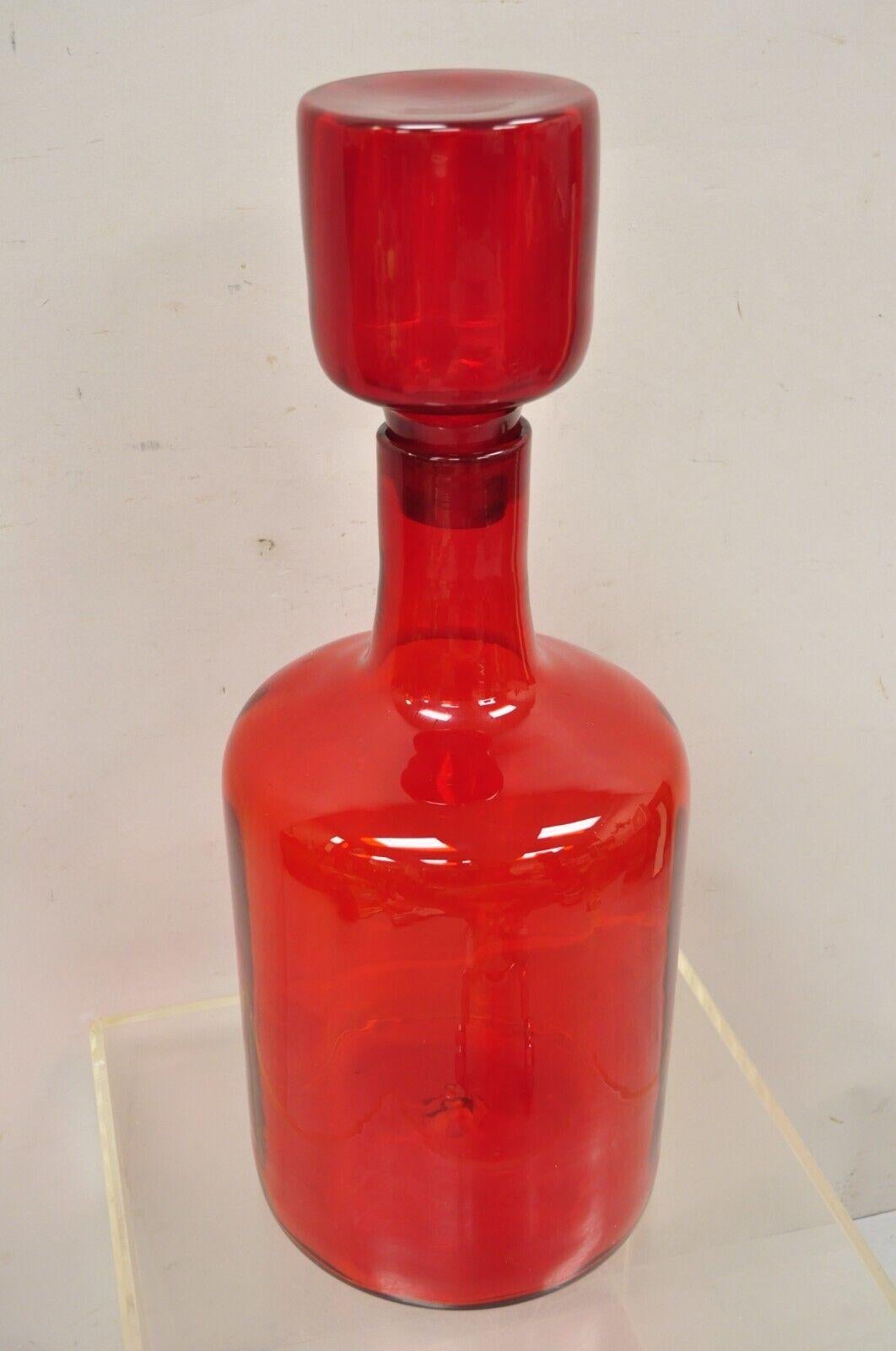 Mid-Century Modern Large Blenko Red Blown Art Glass Vase Vessel Jug with Stopper For Sale