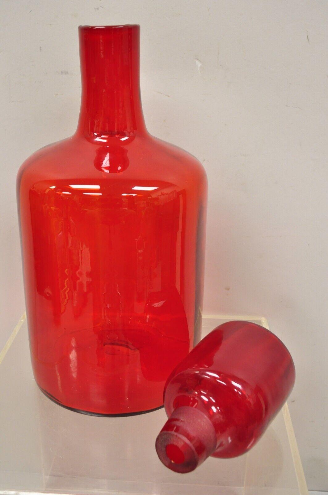 Mid-20th Century Large Blenko Red Blown Art Glass Vase Vessel Jug with Stopper For Sale