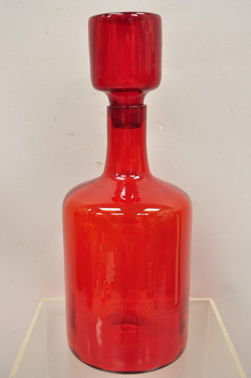 Large Blenko Red Blown Art Glass Vase Vessel Jug with Stopper For Sale 4