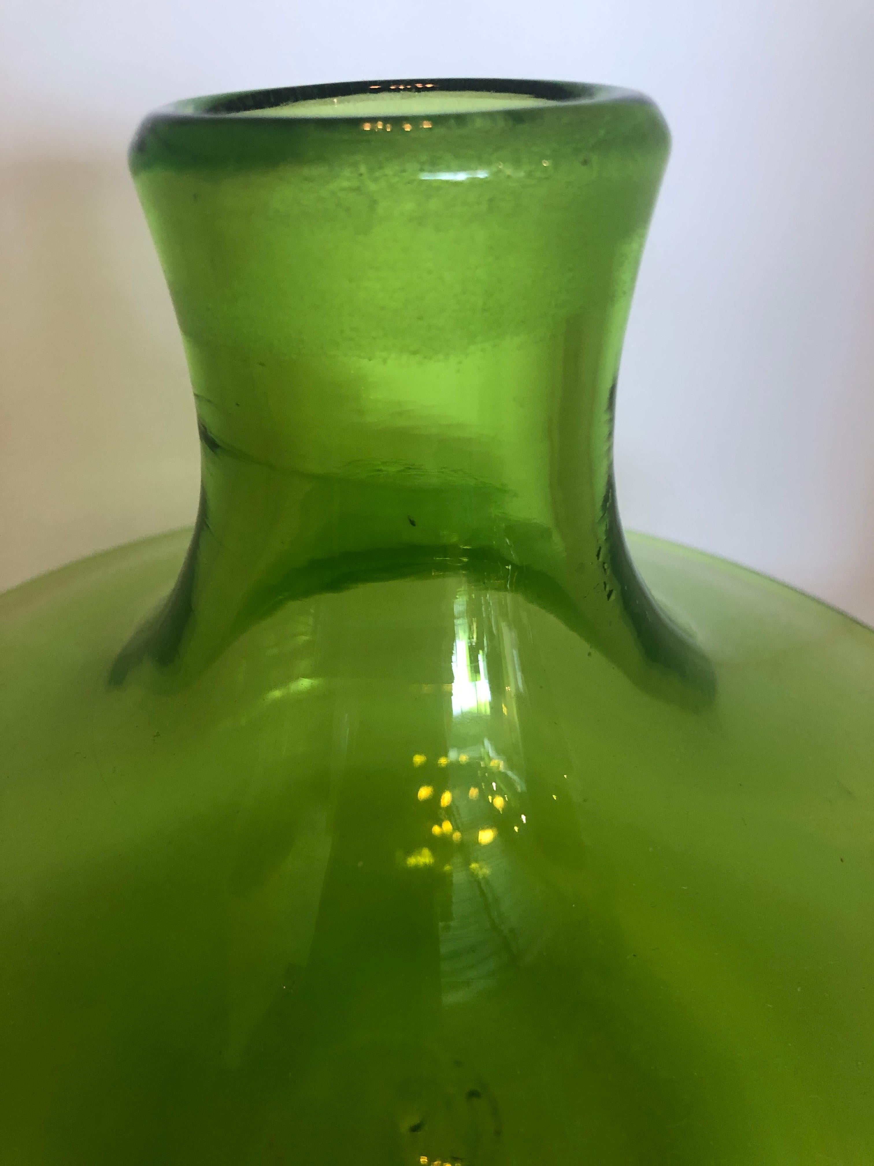 Large Blenko Style Blown Glass Chartreuse Green Decanter with Large Ball Stopper For Sale 3