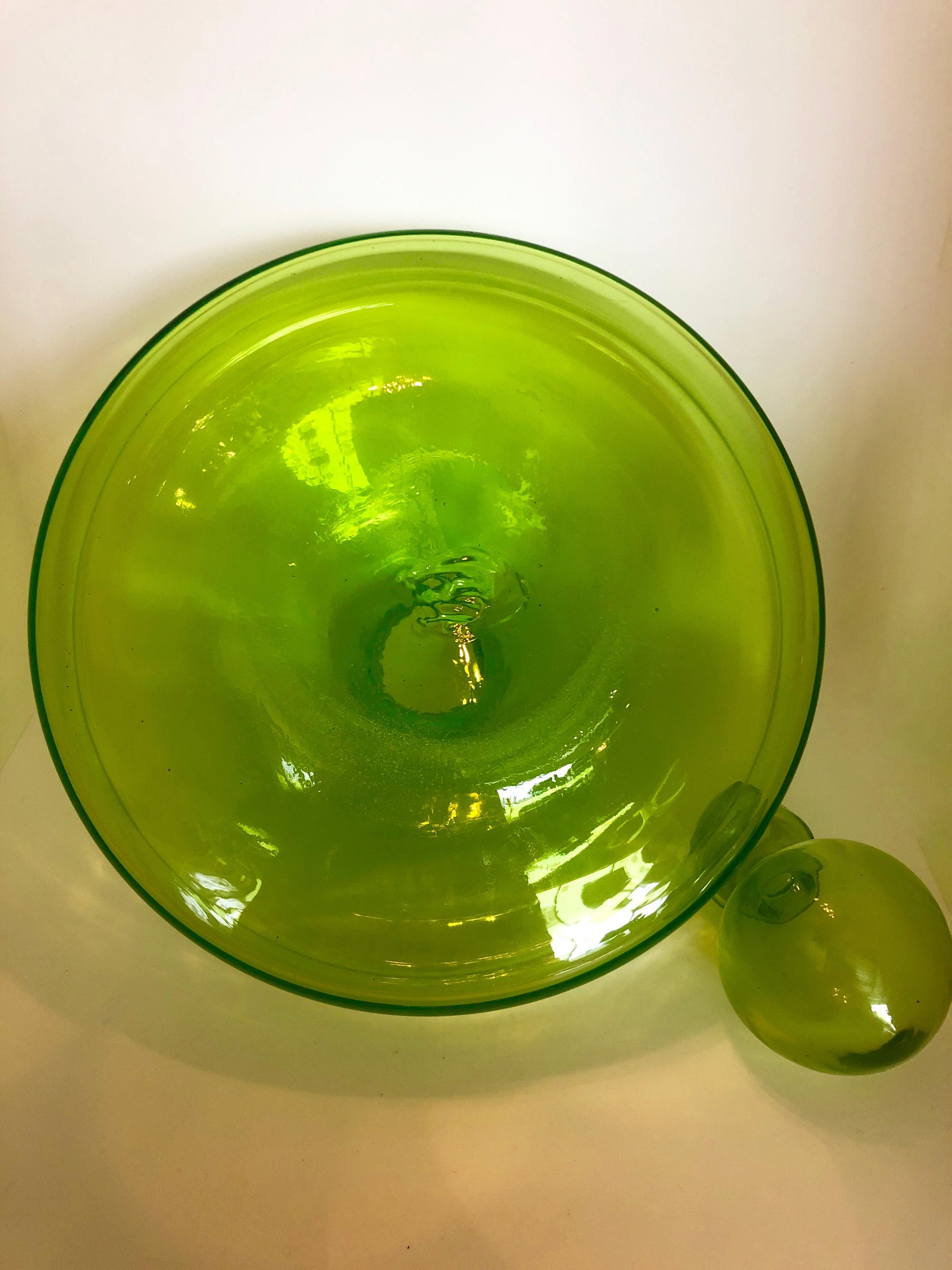Large Blenko Style Blown Glass Chartreuse Green Decanter with Large Ball Stopper In Good Condition For Sale In Houston, TX